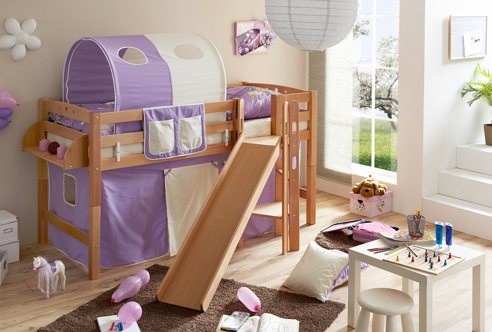 TiCAA Hochbett mit Rutsche Podestbett "Tino" Buche Natur Classic teilbar mit Farbauswahl
