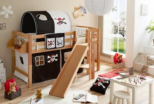 TiCAA Hochbett mit Rutsche Podestbett "Tino" Buche Natur Motiv, teilbar mit Farbauswahl 