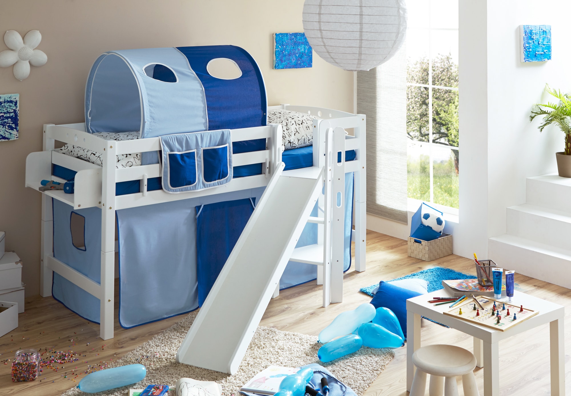 TiCAA Hochbett mit Rutsche Podestbett "Tino" Buche Wei&szlig; Classic, teilbar mit Farbauswahl 