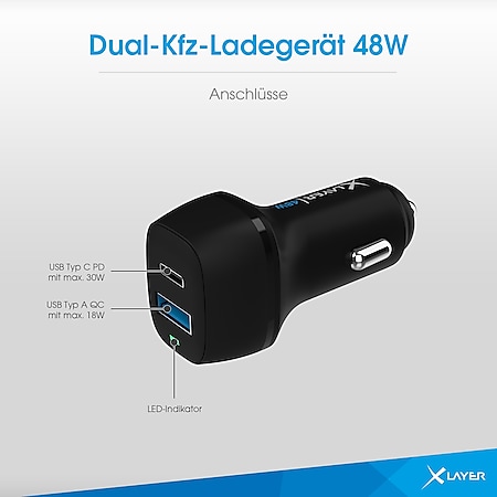 Xlayer Charger Kfz-Ladegerät USB-C PD 48W,USB QC3.0 18W Dual
