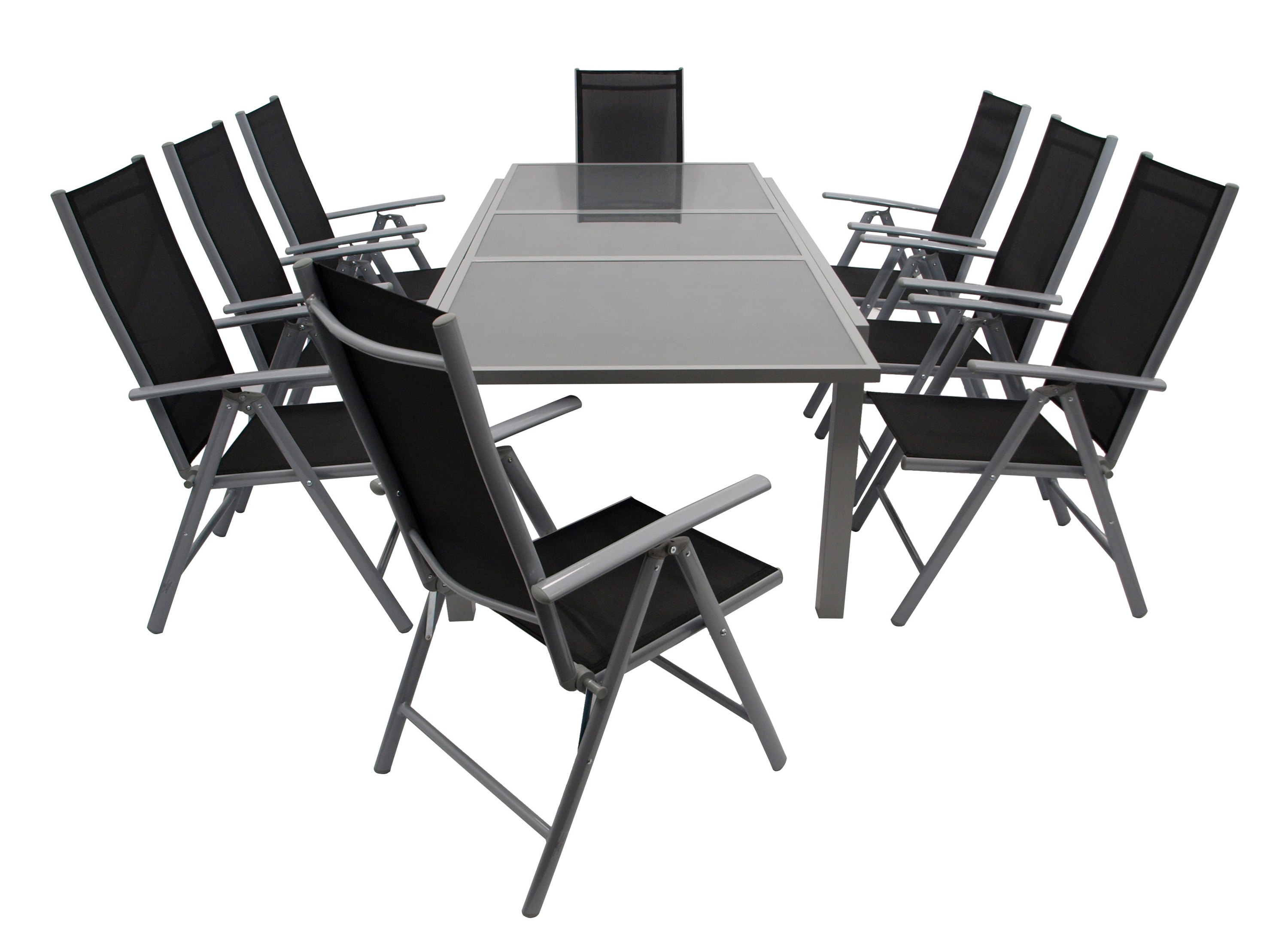 DEGAMO Garnitur PISA 9-teilig, Aluminium silbergrau + Glas + Kunstgewebe schwarz 