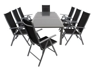 DEGAMO Garnitur PISA 9-teilig, Aluminium silbergrau + Glas + Kunstgewebe schwarz 