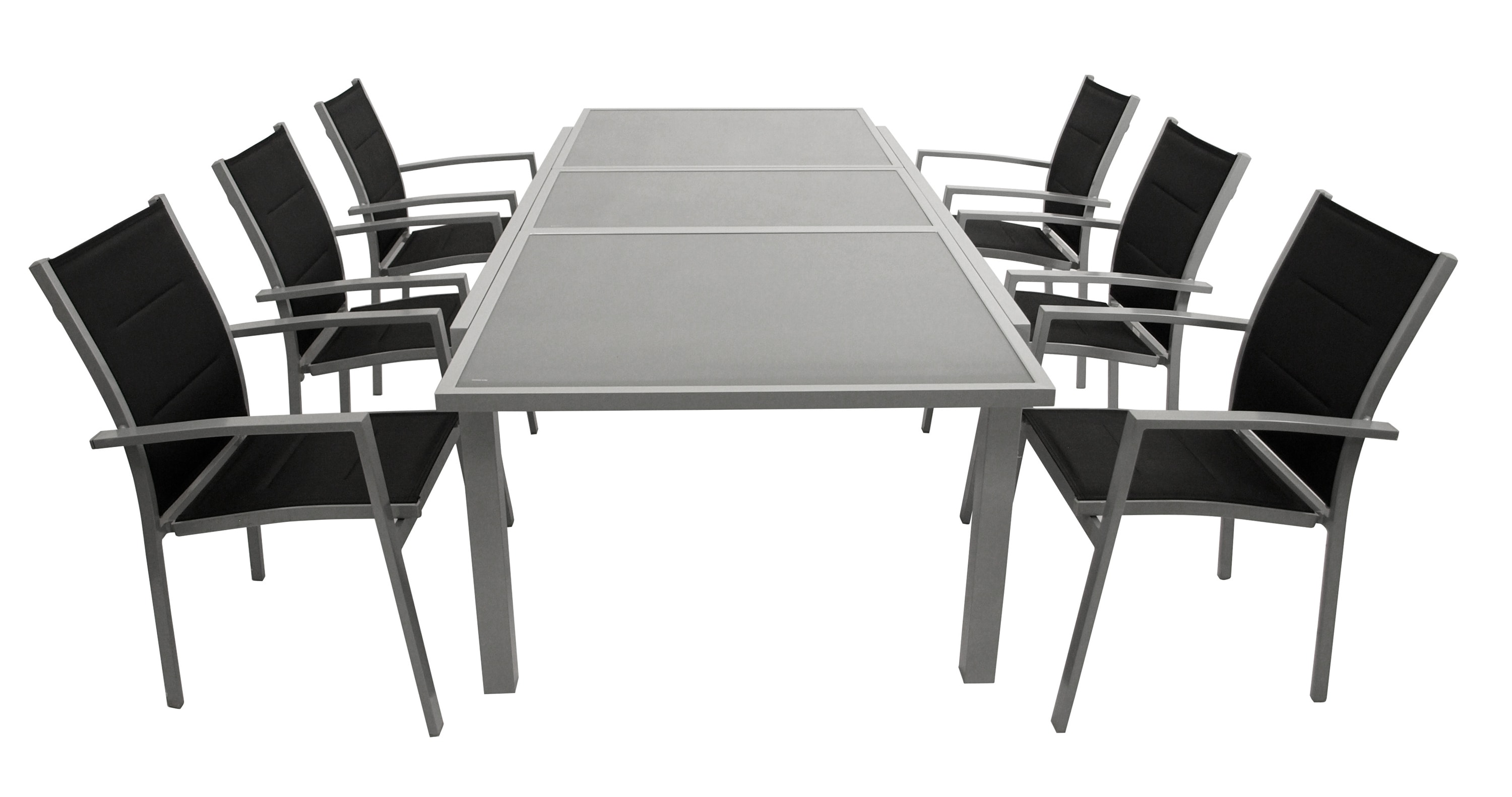 DEGAMO Garnitur PISA 7-teilig, Aluminium silbergrau + Glas + Kunstgewebe schwarz 