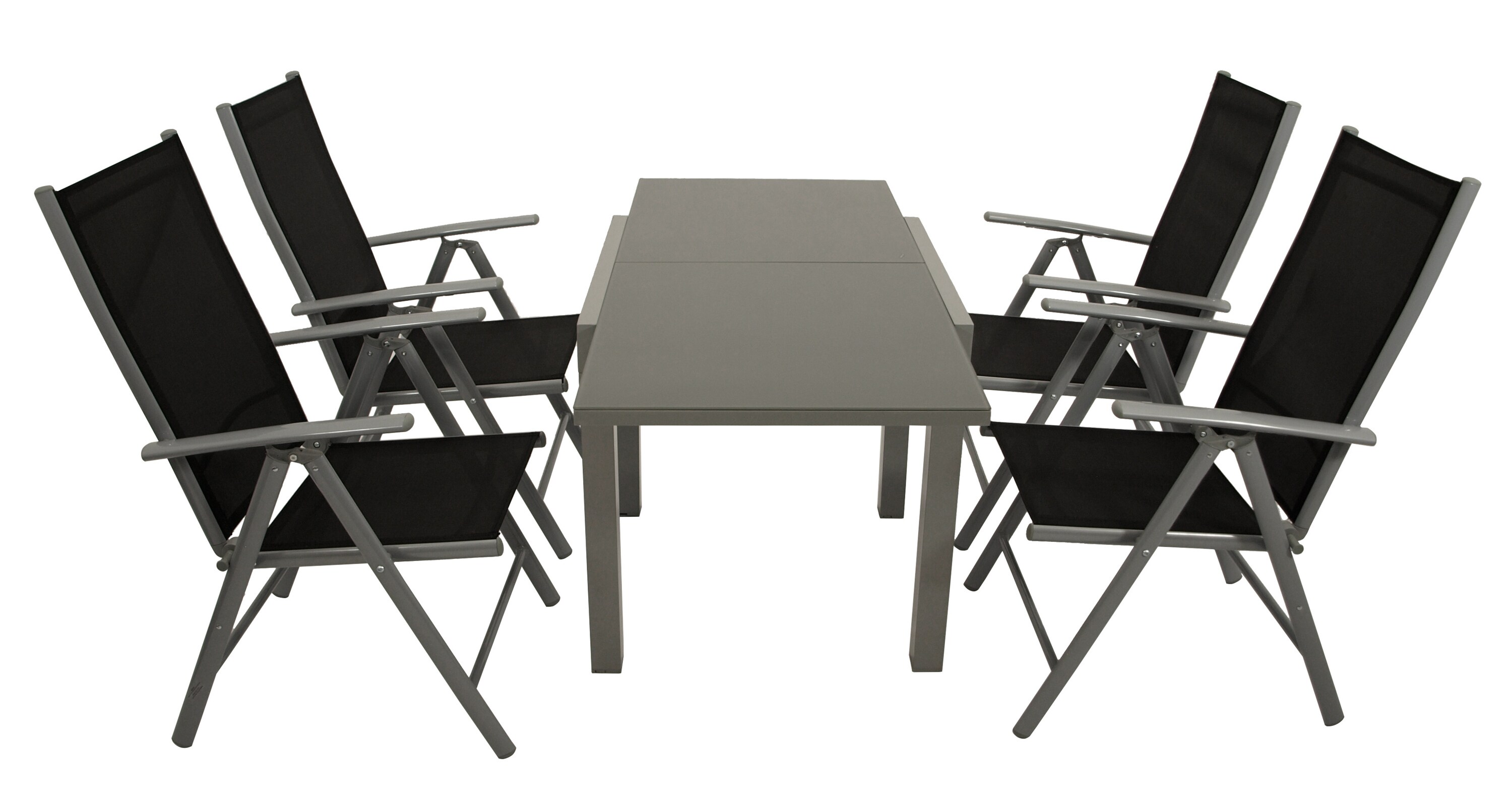 DEGAMO Garnitur MARINA 5-teilig, Aluminium silbergrau + Glas + Kunstgewebe schwarz 