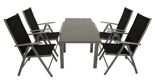 DEGAMO Garnitur MARINA 5-teilig, Aluminium silbergrau + Glas + Kunstgewebe schwarz 