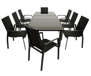 DEGAMO Garnitur TORINO 9-teilig, Aluminium anthrazit + Glas + Kunstgewebe schwarz 