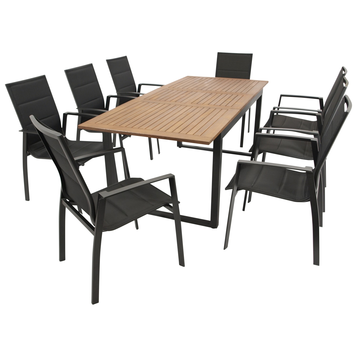 DEGAMO Garnitur RIVELLO 9-teilig, Alu + Akazie + Kunstgewebe schwarz 