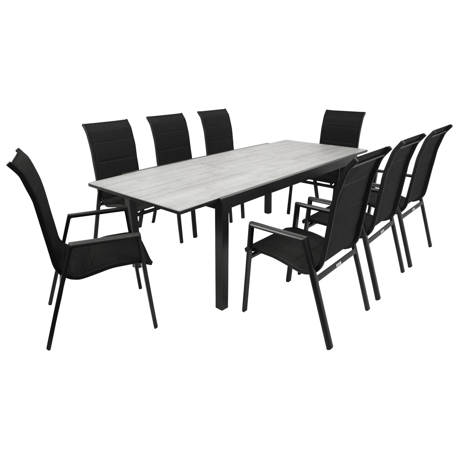 Garnitur FARO 9-teilig, Alu + Glas + Kunstgewebe schwarz