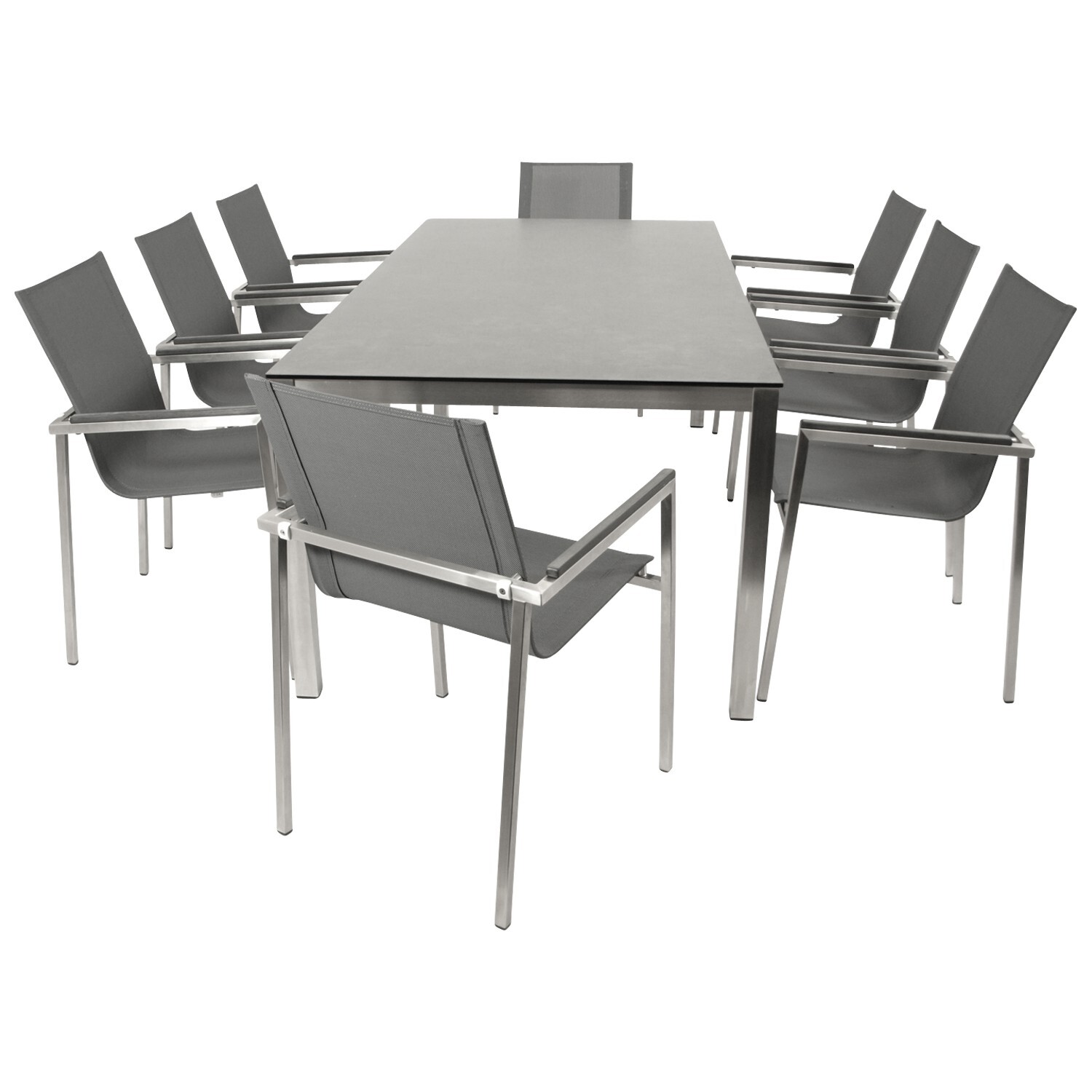 DEGAMO Garnitur MELBOURNE 9-teilig, Edelstahl + Glas + Kunstgewebe grau 