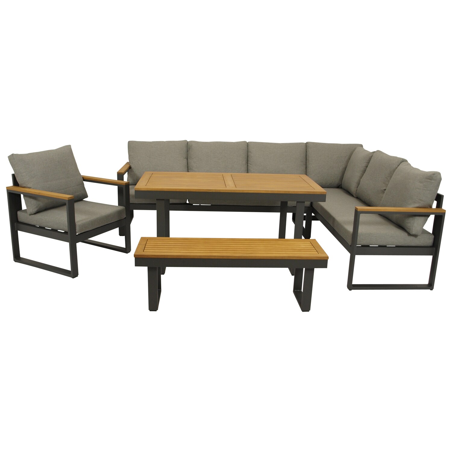 Funktions Eckbank Set  KAMPALA 4-teilig, Aluminium anthrazit + Akazie, Polster grau, FSC-zertifiziert