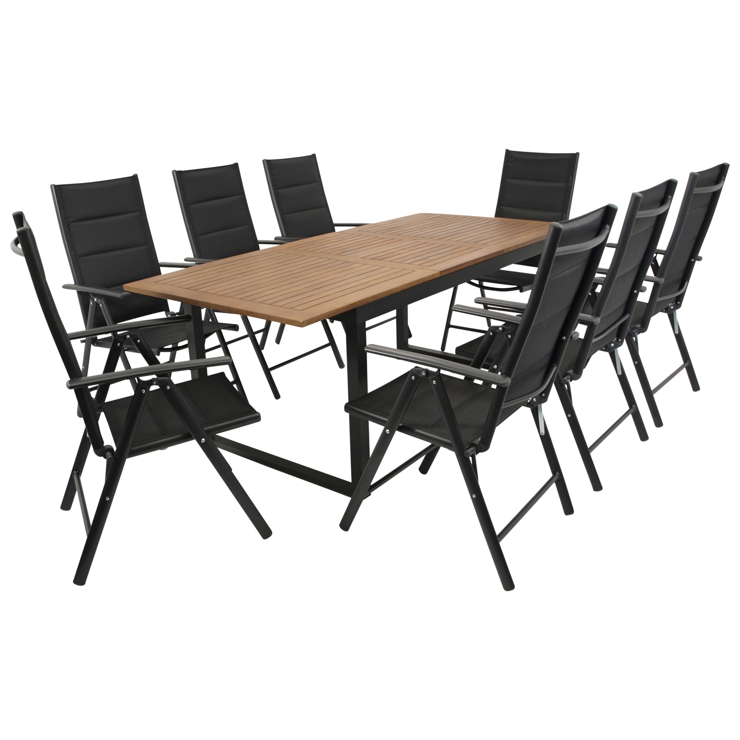 DEGAMO Garnitur RIVELLO 9-teilig, Alu + Akazie + Kunstgewebe schwarz 