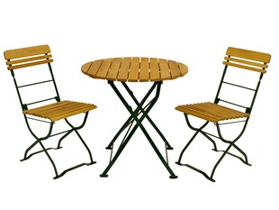 DEGAMO Biergarten - Garnitur MÜNCHEN 3-teilig (2x Stuhl, 1x Tisch 77cm rund), Flachstahl grün + Robinie 