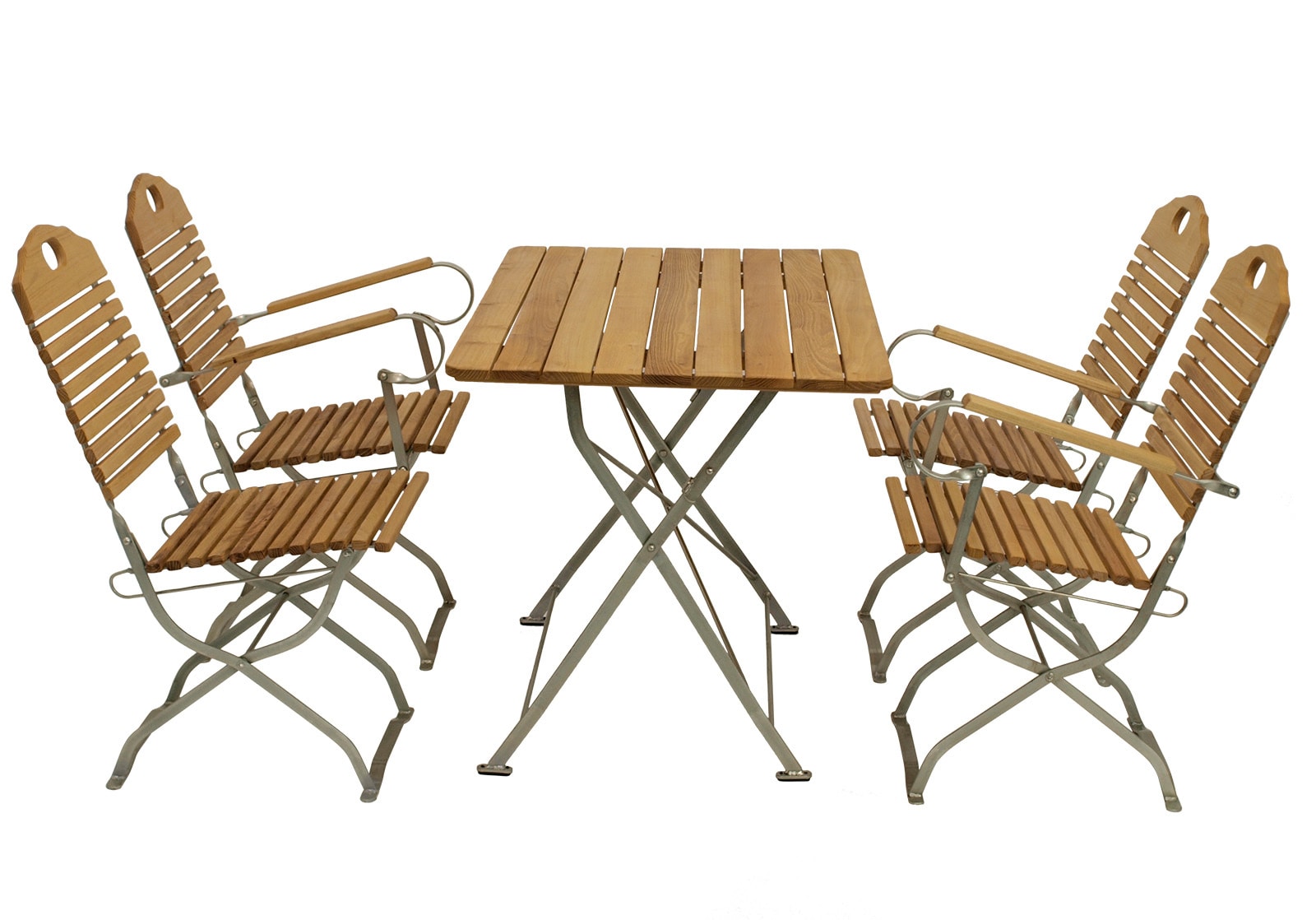 DEGAMO Kurgarten - Garnitur BAD T&Ouml;LZ 5-teilig (2x Stuhl, 2x Armlehnensessel, 1x Tisch 70x110cm), Flachstahl verzinkt + Robinie, klappbar 