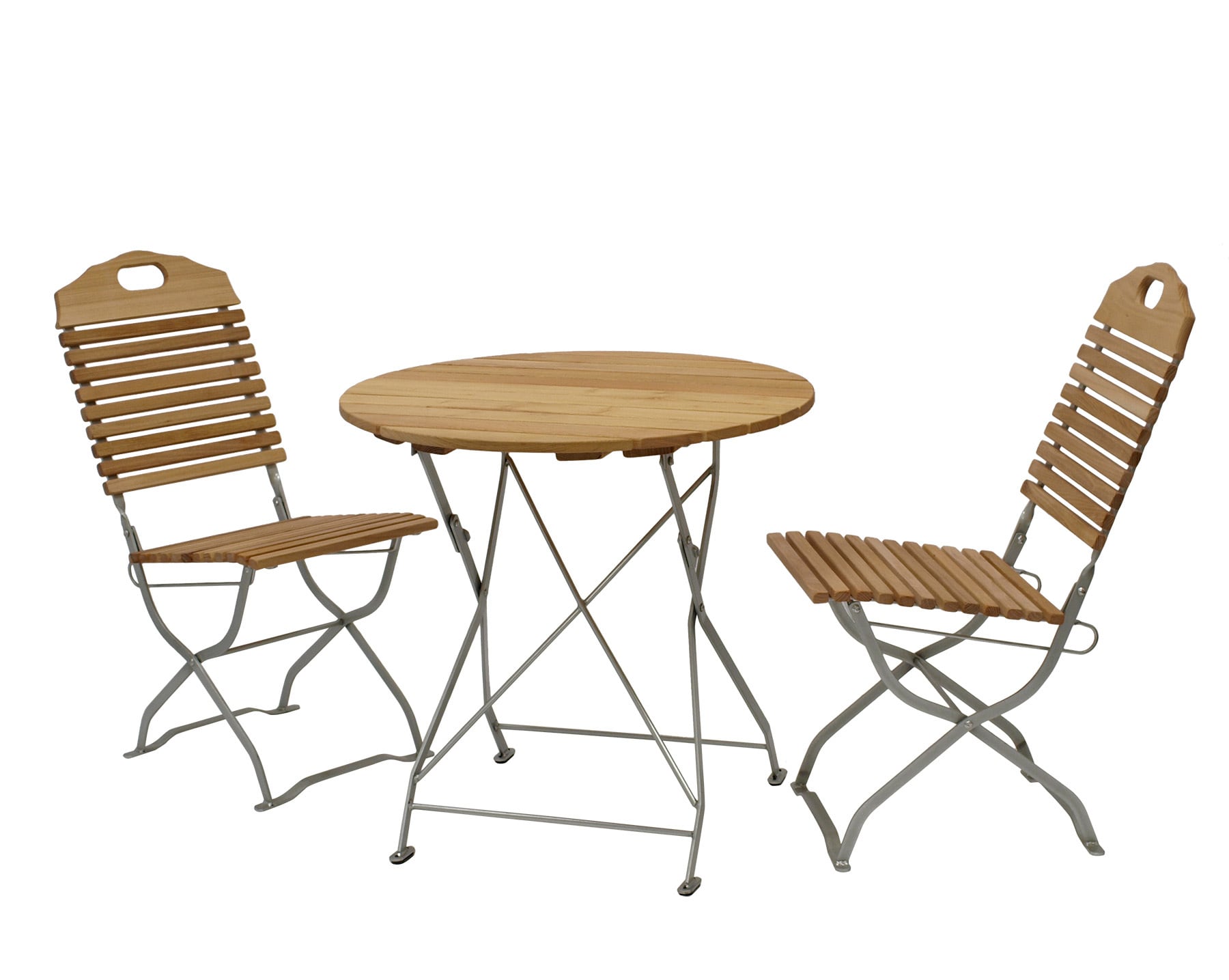 DEGAMO Kurgarten - Garnitur BAD T&Ouml;LZ 3-teilig (2x Stuhl, 1x Tisch 77cm rund), Flachstahl verzinkt + Robinie, klappbar 