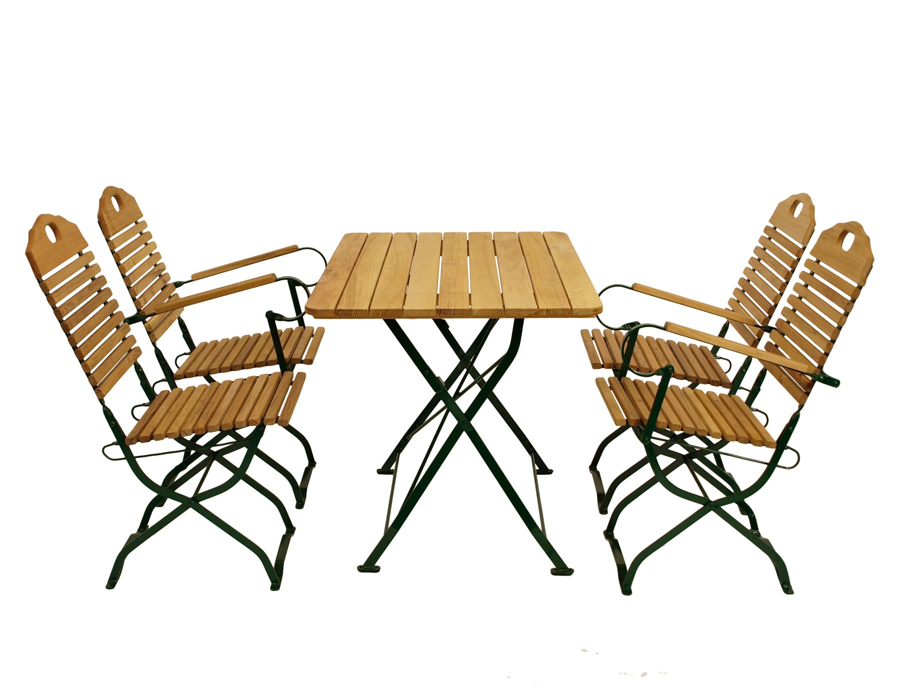 DEGAMO Kurgarten - Garnitur BAD T&Ouml;LZ 5-teilig (2x Stuhl, 2x Armlehnensessel, 1x Tisch 70x110cm), Flachstahl gr&uuml;n + Robinie, klappbar 