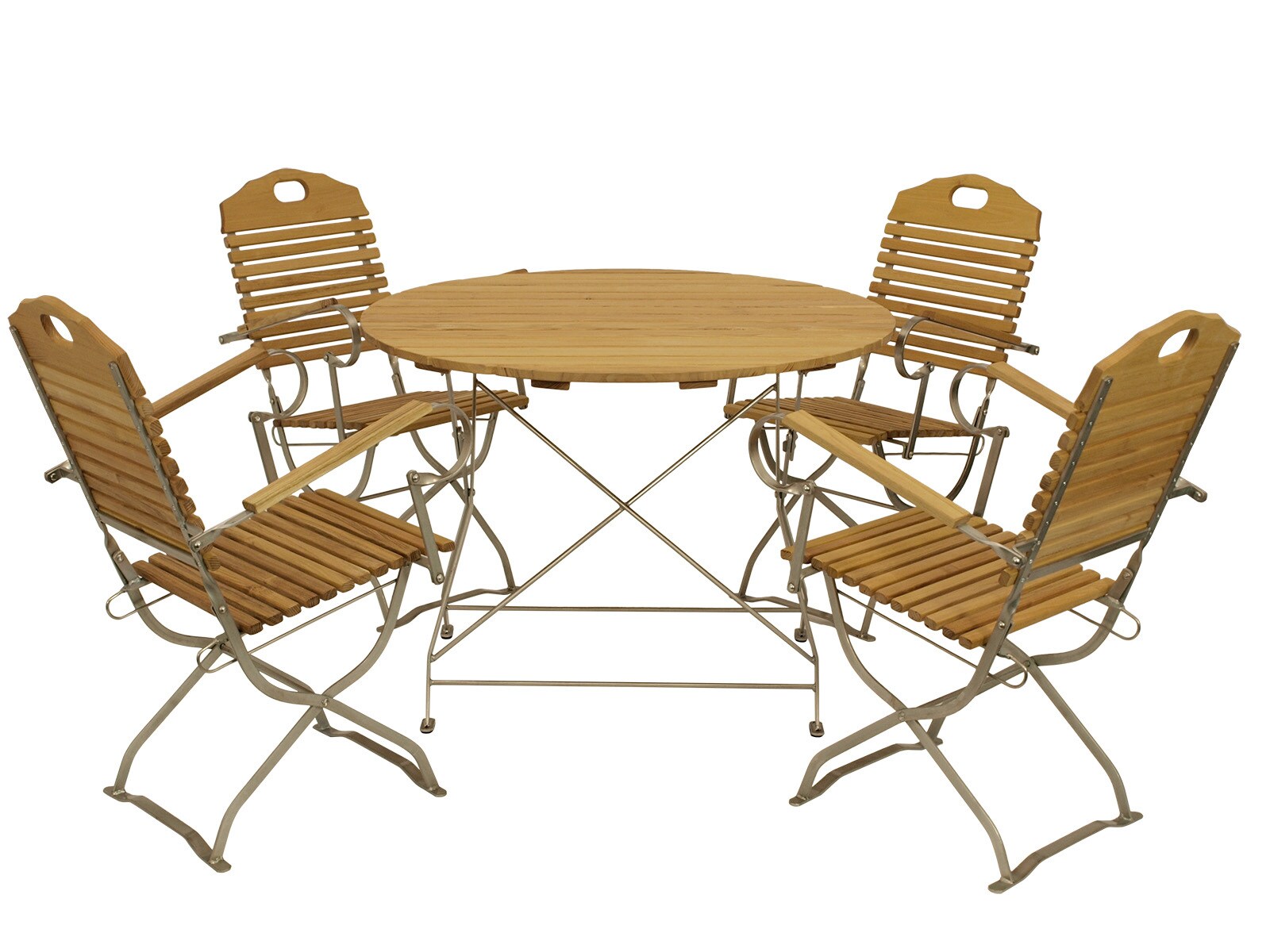 DEGAMO Kurgarten - Garnitur BAD T&Ouml;LZ 5-teilig (4x Armlehnensessel, 1x Tisch 100cm rund), Flachstahl verzinkt + Robinie, klappbar 