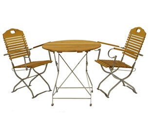 DEGAMO Kurgarten - Garnitur BAD TÖLZ 3-teilig (2x Armlehnensessel, 1x Tisch 77cm rund), Flachstahl verzinkt + Robinie, klappbar 