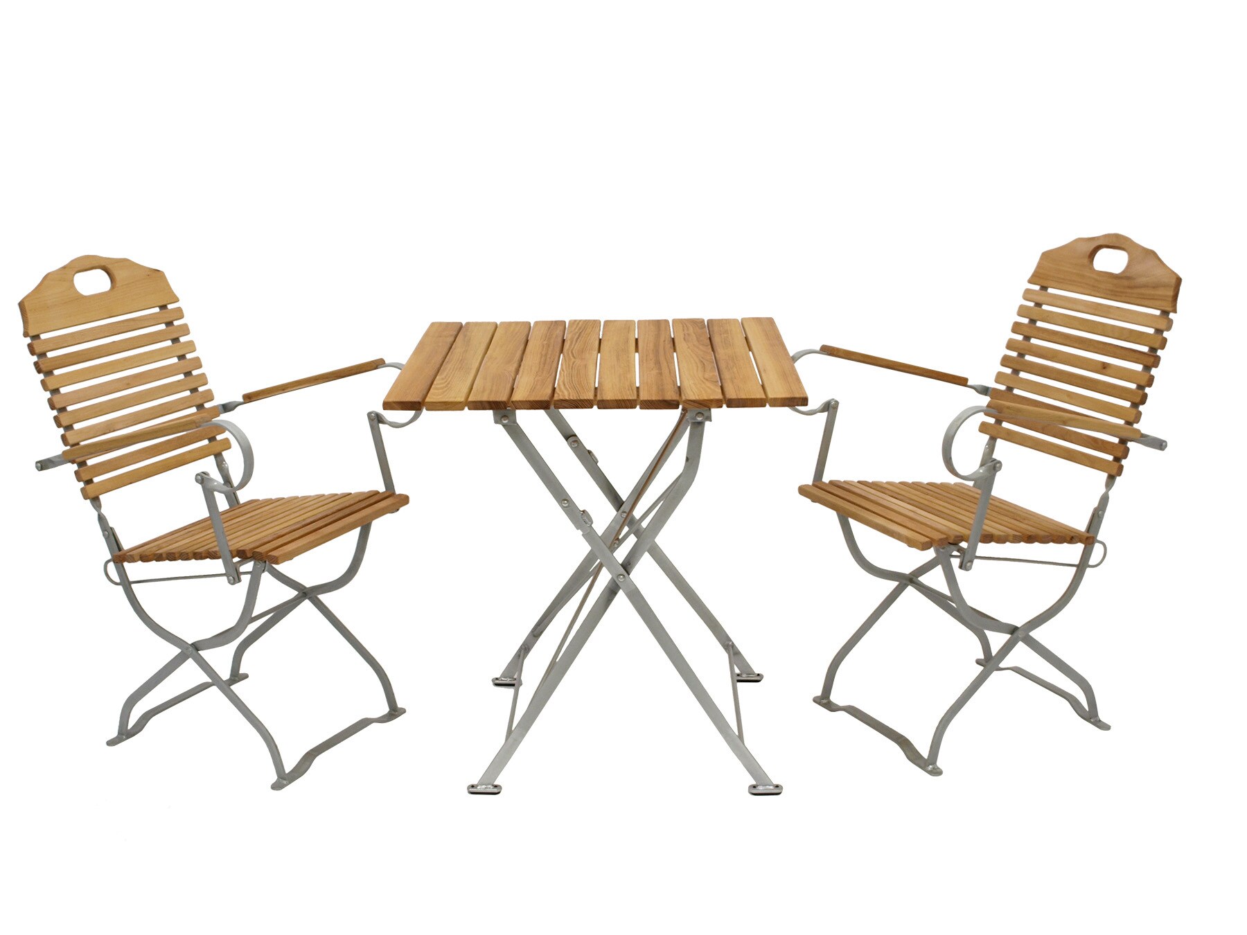 DEGAMO Kurgarten - Garnitur BAD T&Ouml;LZ 3-teilig (2x Armlehnensessel, 1x Tisch 70x70cm), Flachstahl verzinkt + Robinie, klappbar 