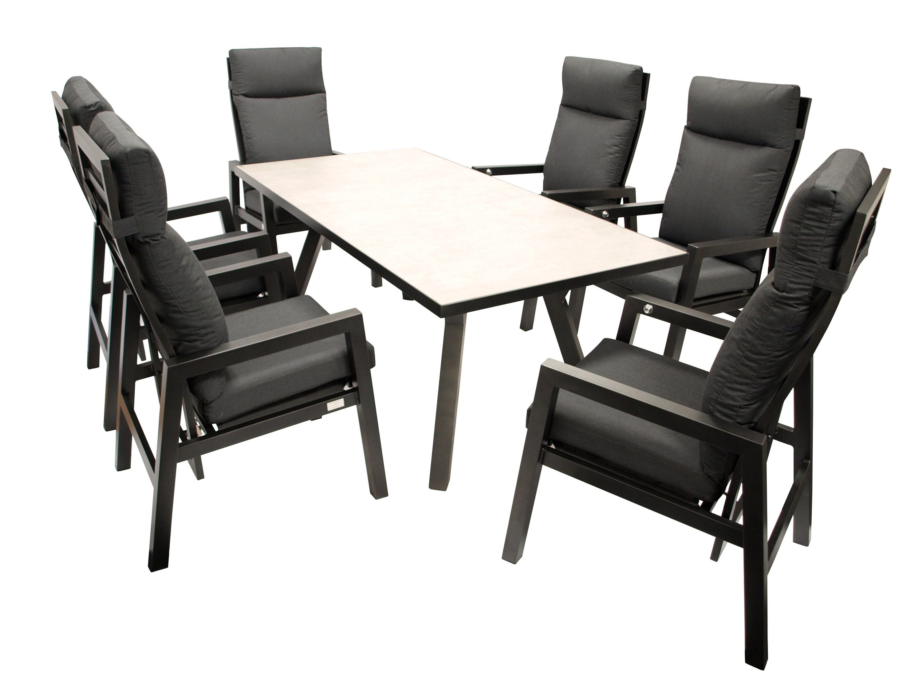 DEGAMO Garnitur MANCIANO 7-teilig, Aluminium dunkelgrau, mit Polstern, Tischplatte hellgrau 