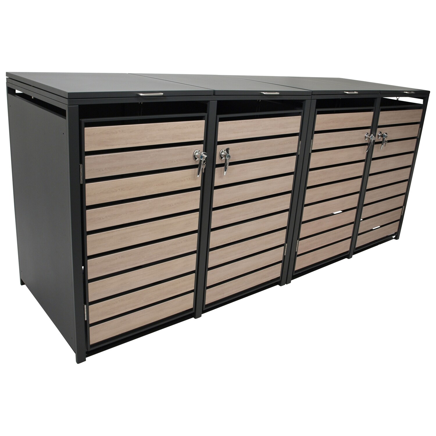 DEGAMO M&uuml;lltonnenbox 264x80x116cm f&uuml;r 4x Tonnen 120 und 240 Liter, Stahl anthrazit mit T&uuml;ren Holzoptik 
