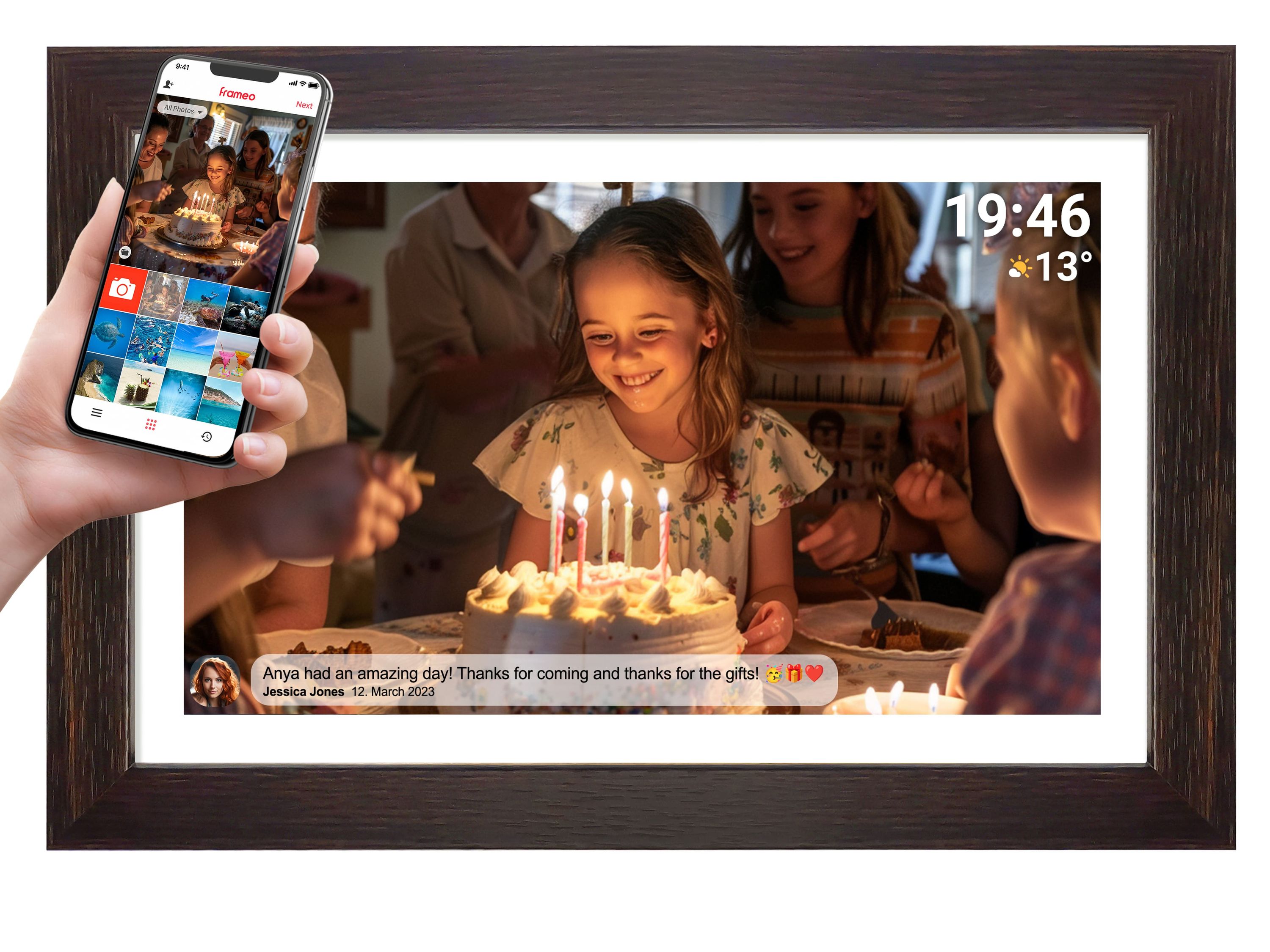 Denver PFF-1543DW, Digitaler Bilderrahmen, 15,6" Full HD IPS Touchscreen, Wi-Fi, 16GB Speicher, Holz dunkel, vorinstallierte FRAMEO Software 