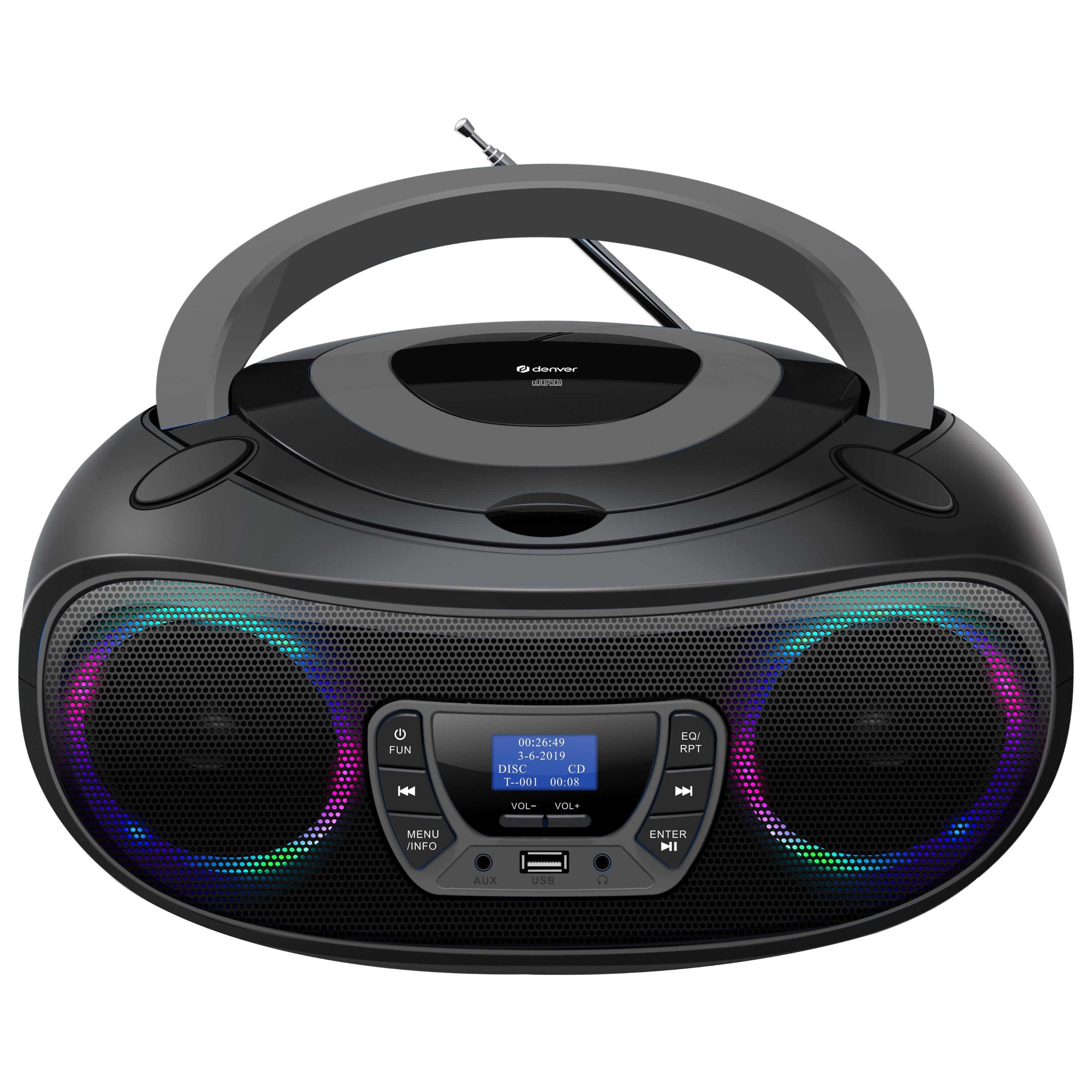 DENVER TDB-212GR Retro-Boombox: DAB+/FM, Bluetooth, USB, CD, AUX, MP3, LCD, Stereo mit Lichteffekten 