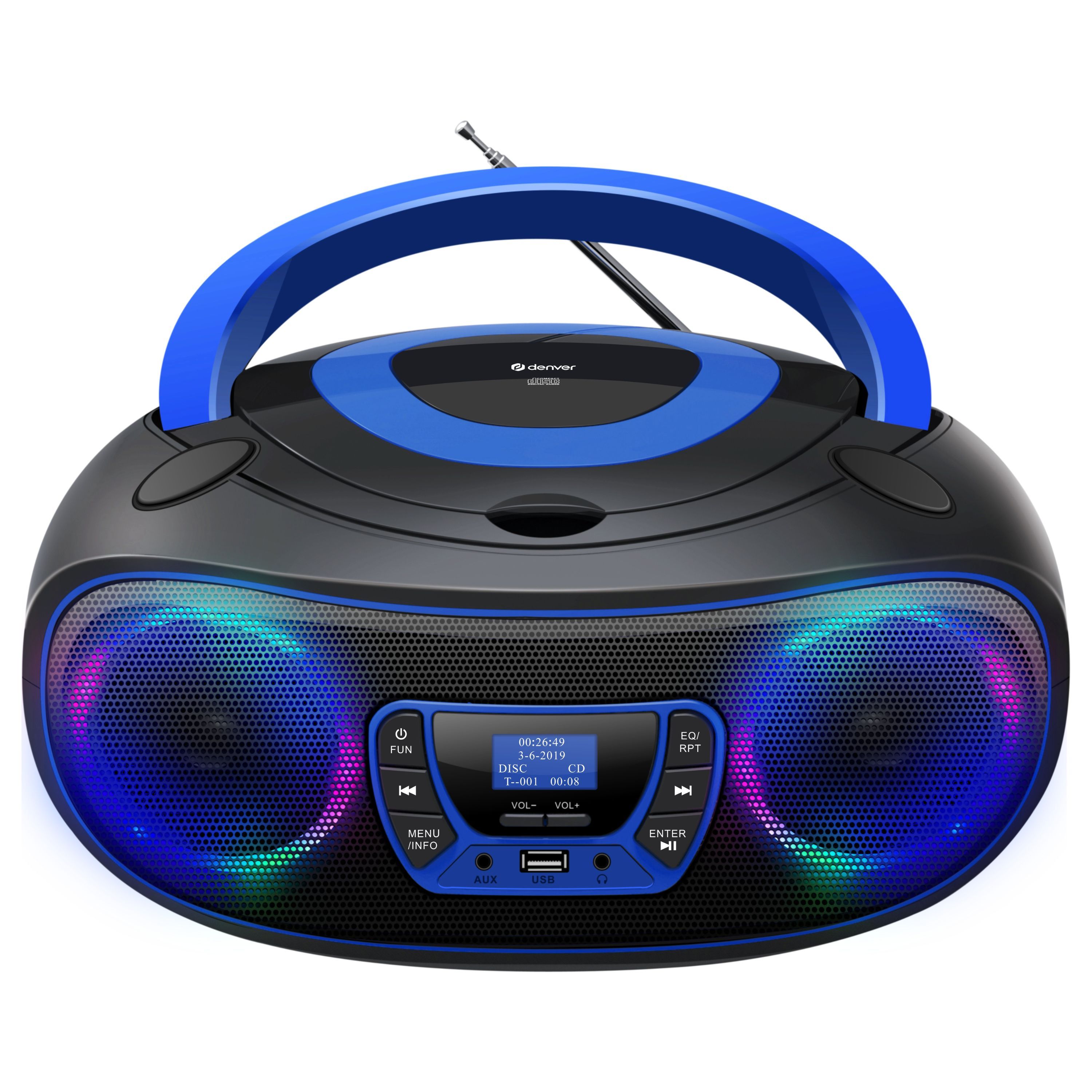 DENVER TDB-212BU Retro-Boombox: DAB+/FM, Bluetooth, USB, CD, AUX, MP3, LCD, Stereo mit Lichteffekten 