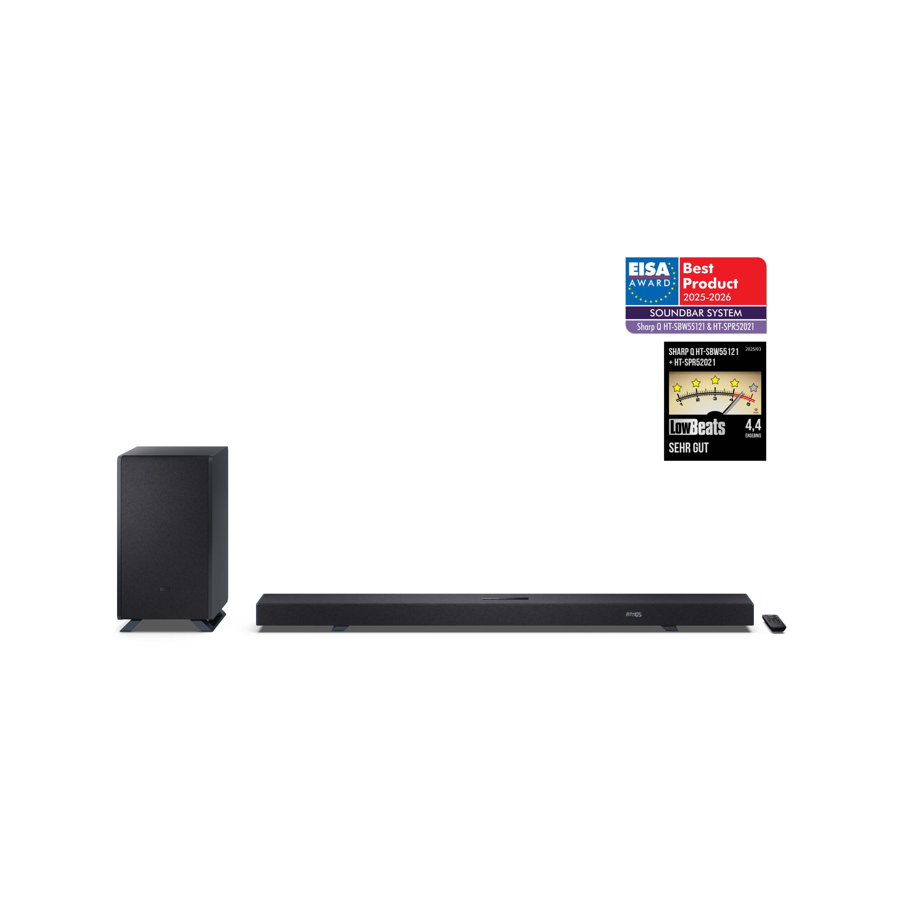 Sharp HT-SBW55121 Dolby Atmos Soundbar 5.1.2 mit DTS:X, kabellosem Subwoofer, HDMI eARC und Bluetooth 5.3 