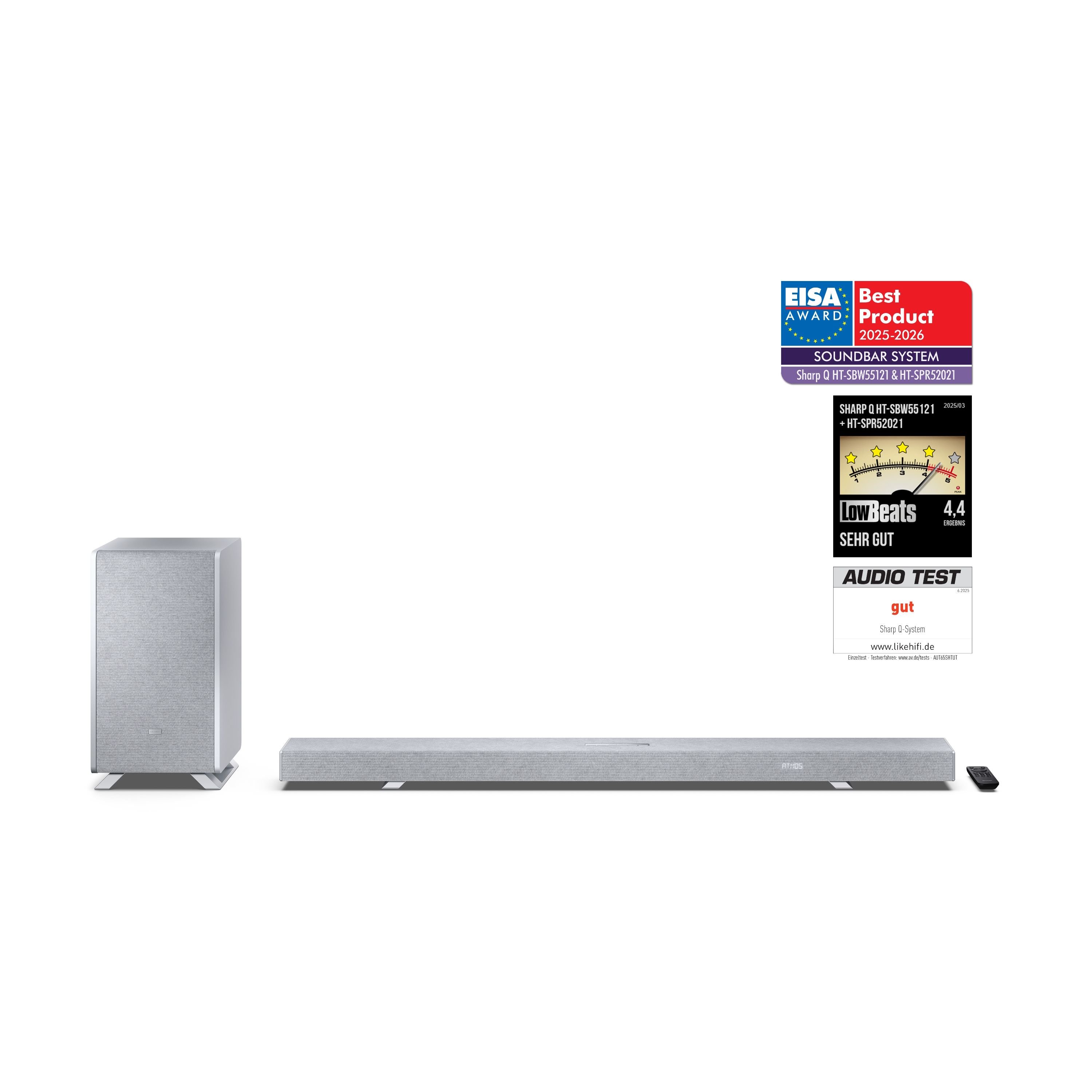 Sharp HT-SBW55121 Dolby Atmos Soundbar 5.1.2 mit DTS:X, kabellosem Subwoofer, HDMI eARC und Bluetooth 5.3 