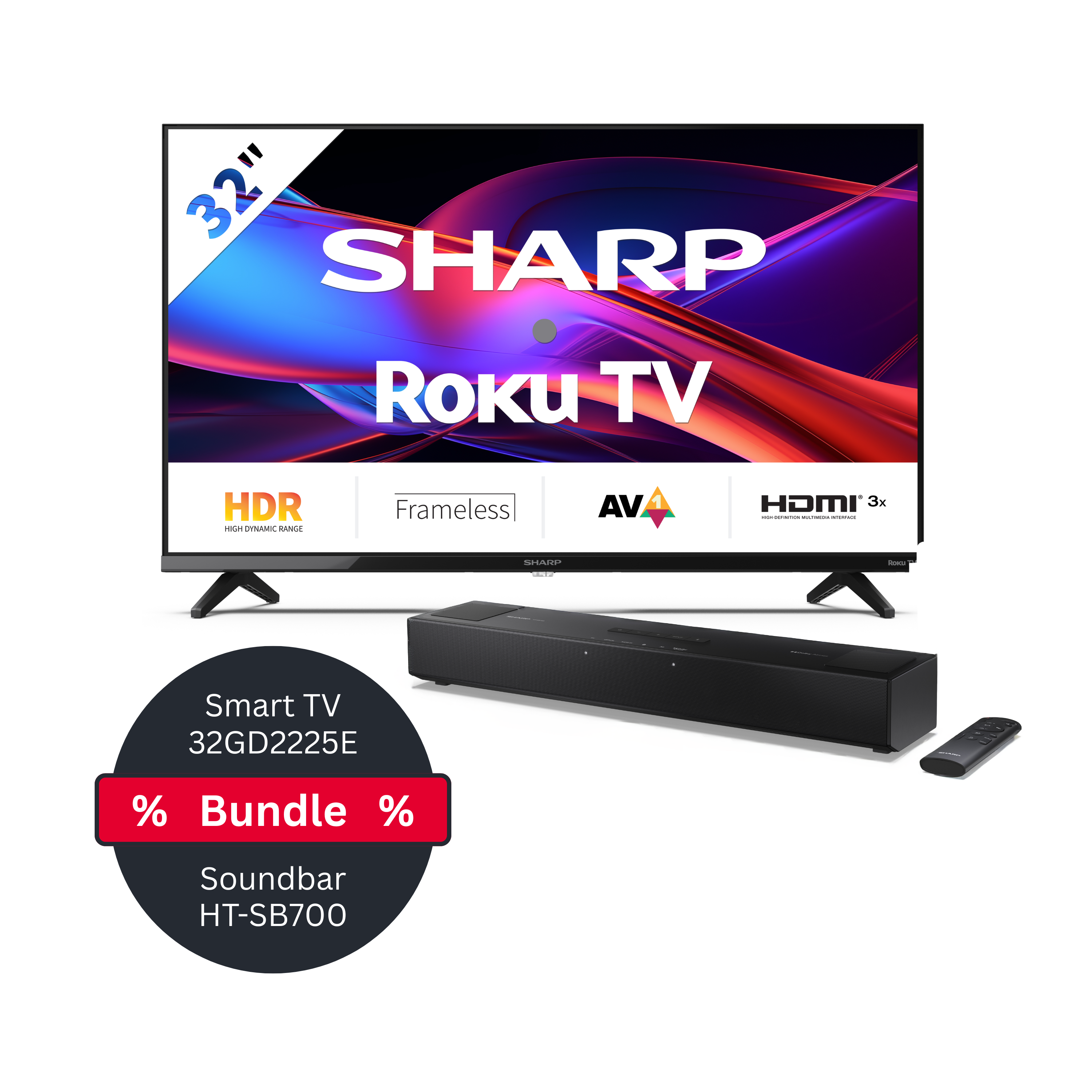 SHARP 32GD2225E+HT-SB700 Bundle - 32 Zoll Smart TV (81 cm) Roku TV plus Dolby Atmos Soundbar (2.0.2) mit Bluetooth 