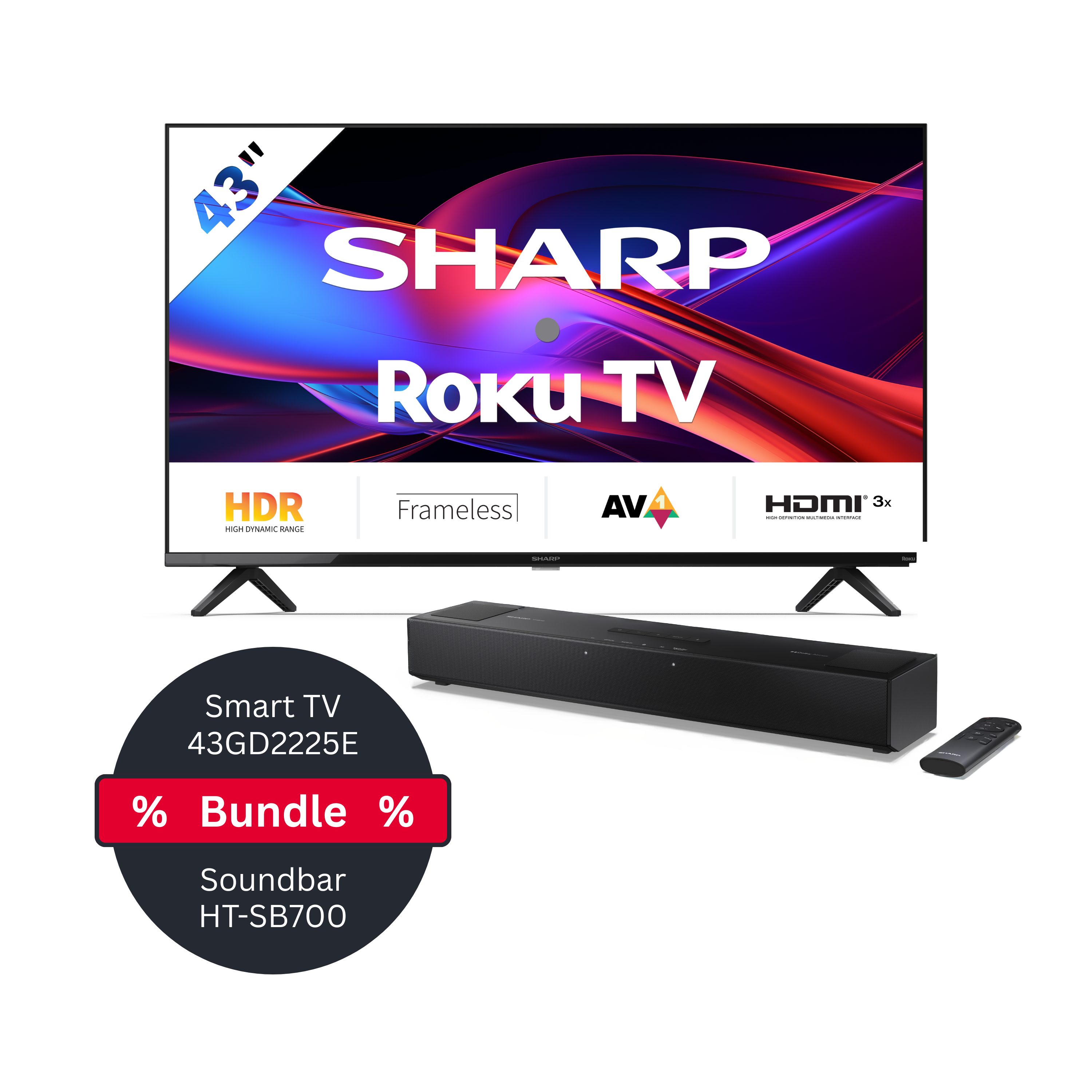 SHARP 43GD2225E+HT-SB700 Bundle - 43 Zoll Smart TV (108 cm) Roku TV plus Dolby Atmos Soundbar (2.0.2) mit Bluetooth 