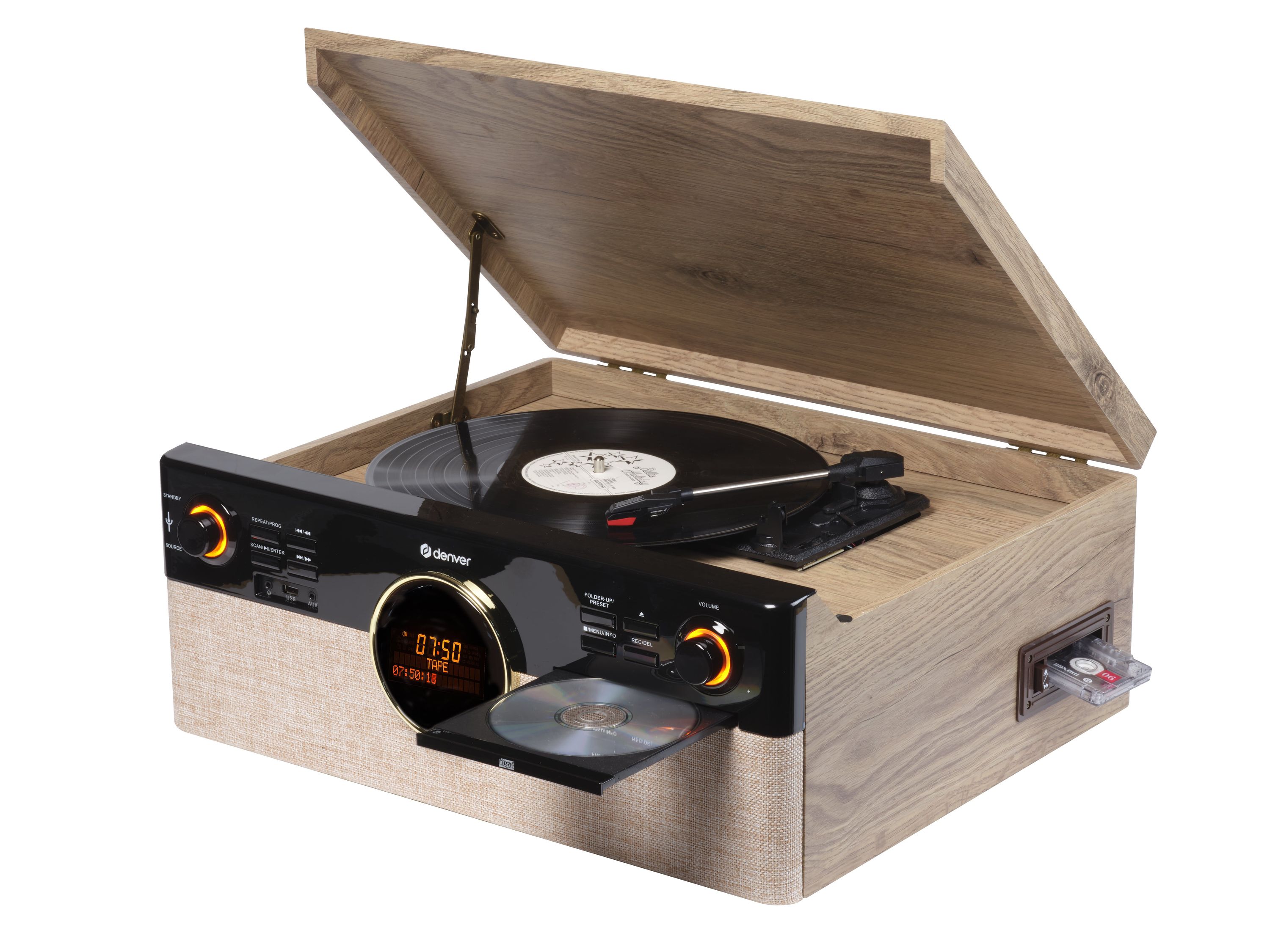 Denver MRD-180 - Retro Musikcenter Kompaktanlage Plattenspieler Lautsprecher Bluetooth DAB+/FM Radio CD-Player Kassette 