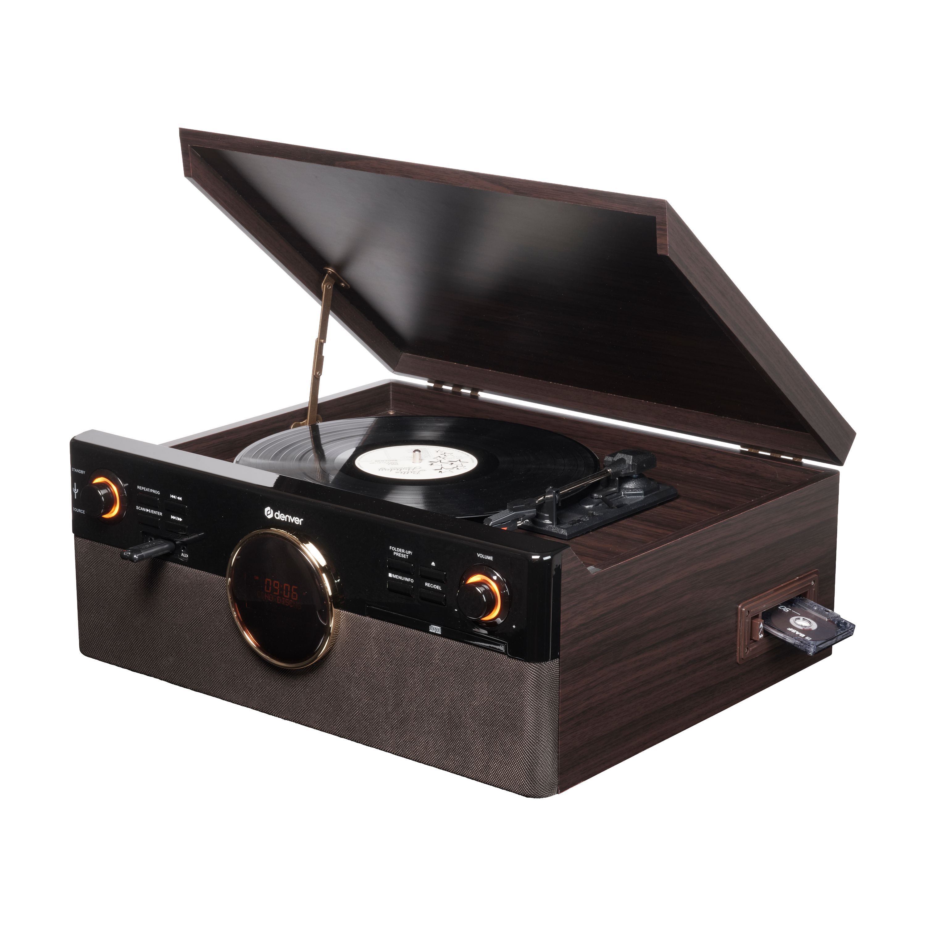 Denver MRD-180DW - Retro Kompaktanlage, Musikanlage mit Plattenspieler, CD, DAB+, Bluetooth, Kassette & USB-Aufnahme 