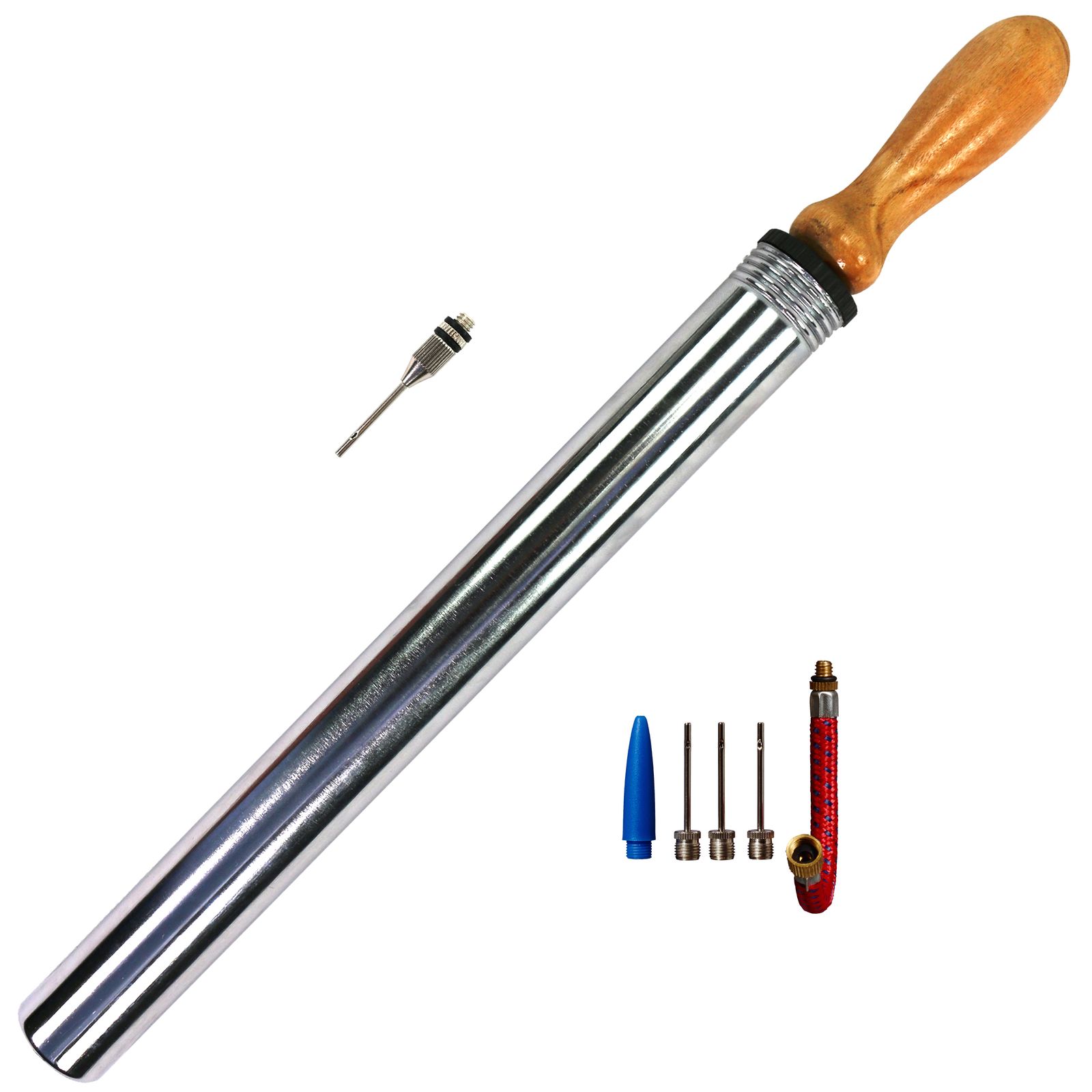 Best Sporting Ballpumpe verchromt mit Holzgriff, 39 cm x 2,8 cm mit Ventil-Set 