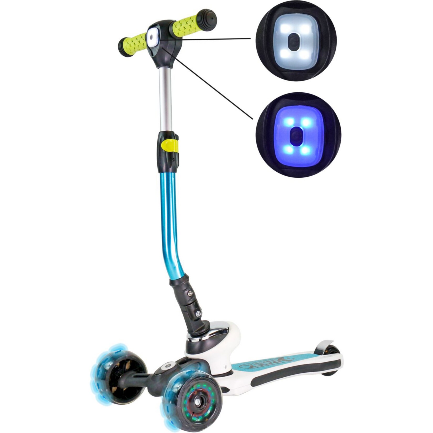 3-Rad Kinder Scooter Space mit LED Lampe + LED Rädern, türkis-weiß