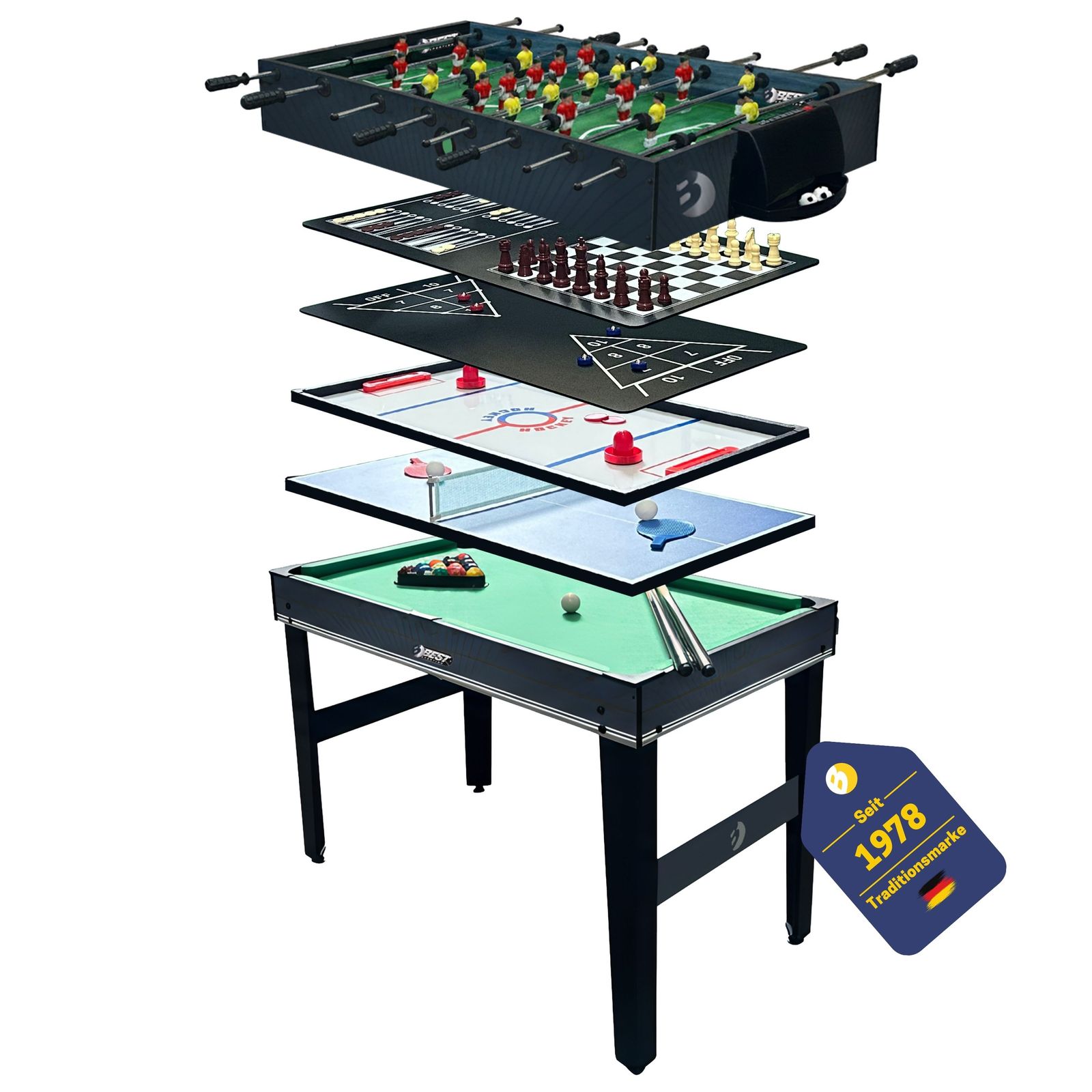 Best Sporting Tischkicker Kinder 10 in 1 PANTHER - Multi Kickertisch Kinder mit 10 Spielen: Billard, Tischtennis, Airhockey, Shuffleboard... 