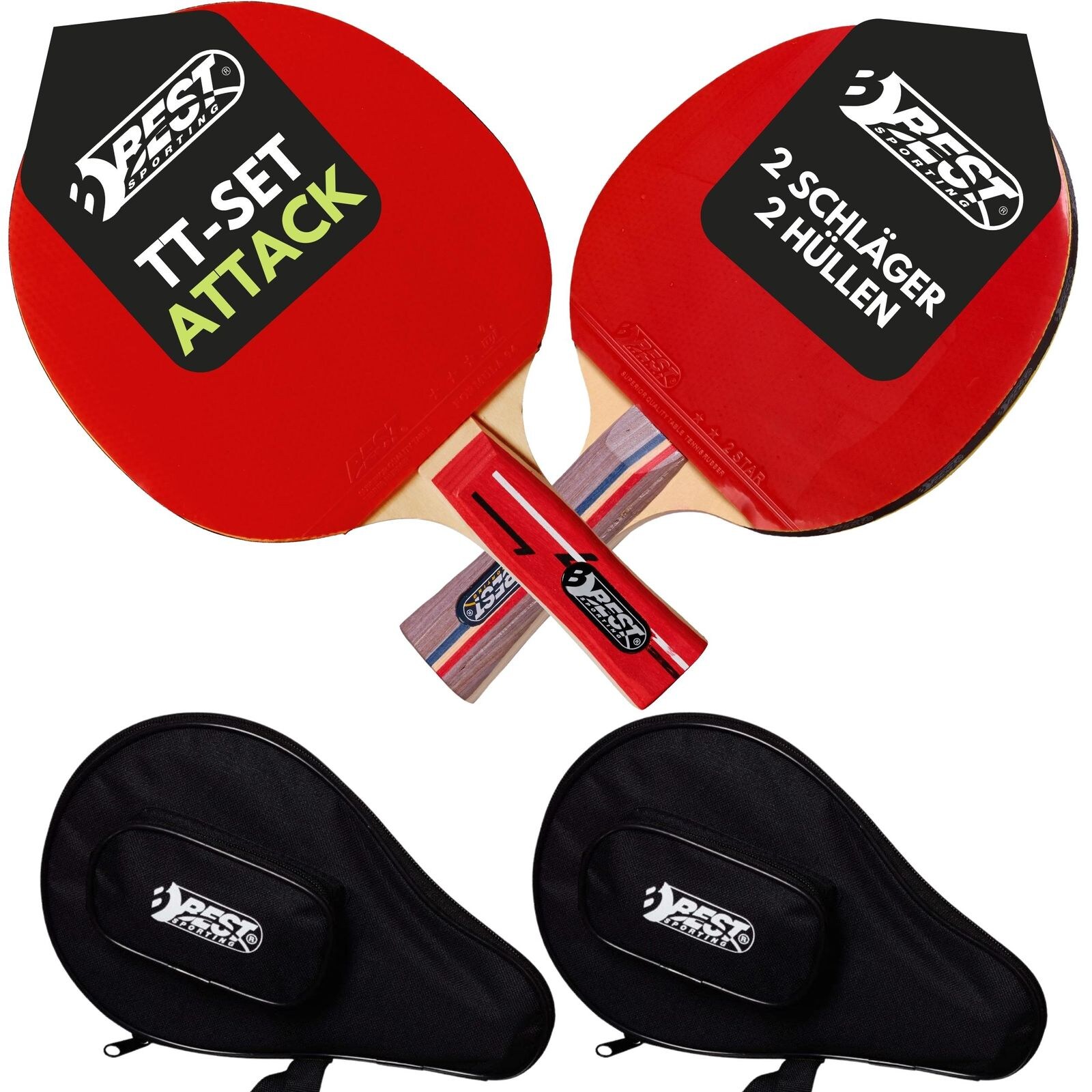 Best Sporting Tischtennisschläger Set Attack I 2 Tischtennis Schläger und 2 Hüllen für die sichere Aufbewahrung I 4-teiliges wertiges Tischtennis Set I Tischtennissets I Table Tennis Racket
