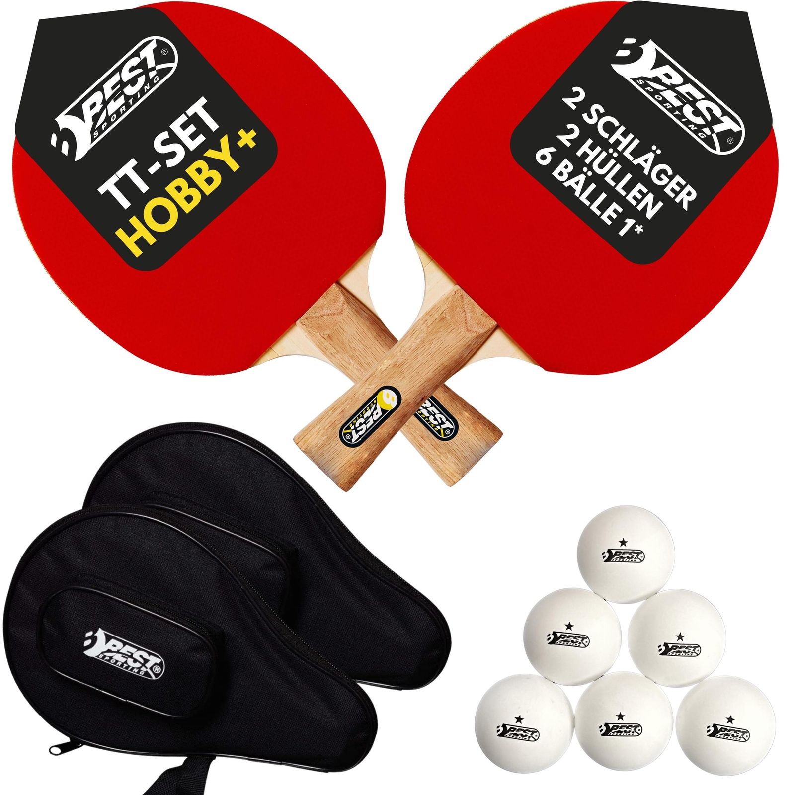 Best Sporting Tischtennisschl&auml;ger Set HOBBY+ I 2 Tischtennis Schl&auml;ger, 2 Schl&auml;gertaschen und 1* Tischtennisb&auml;lle I 5-teiliges wertiges Tischtennis Set I Tischtennissets I Table Tennis Racket 