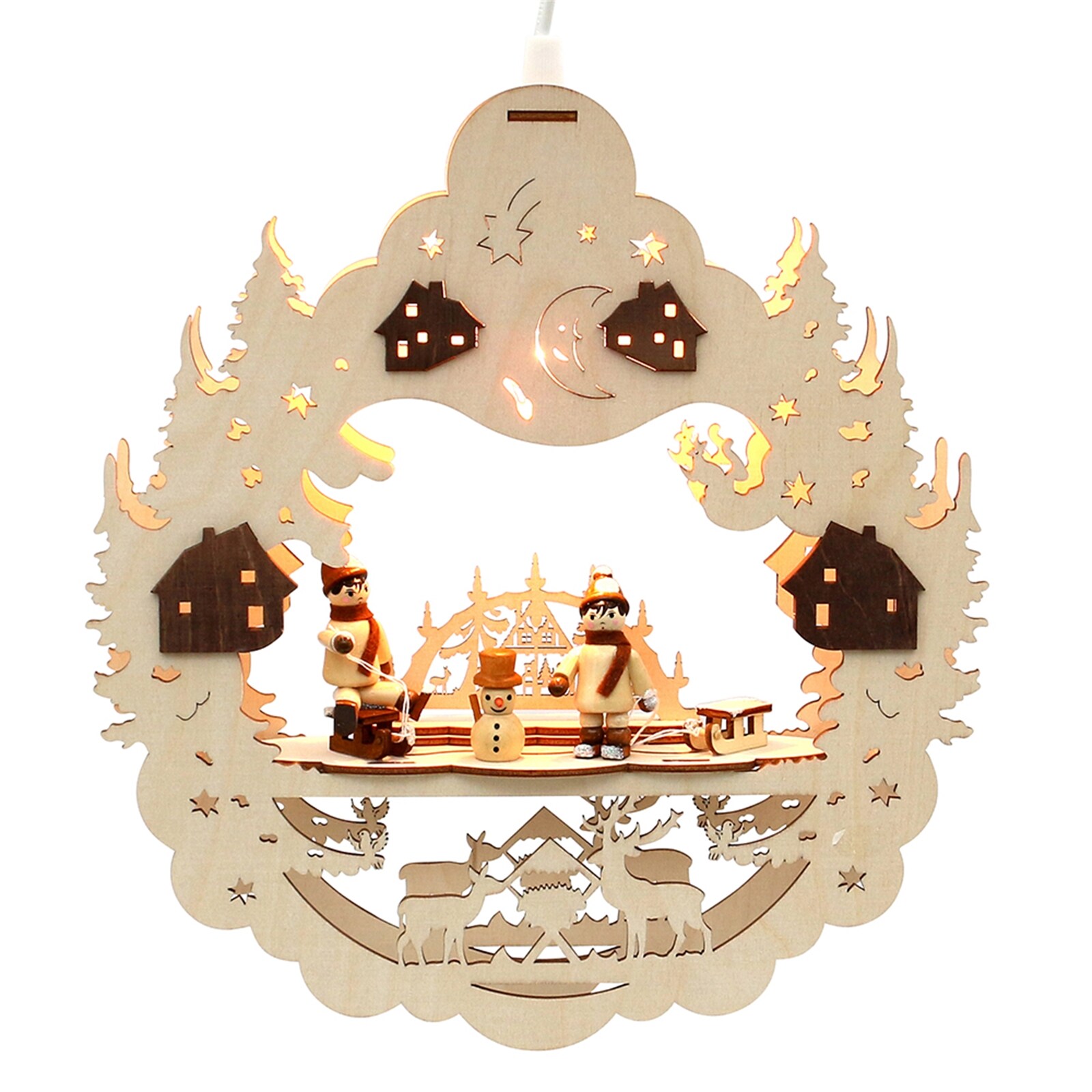 SIGRO Holz Fensterbild, beleuchtet Schlittenkinder 