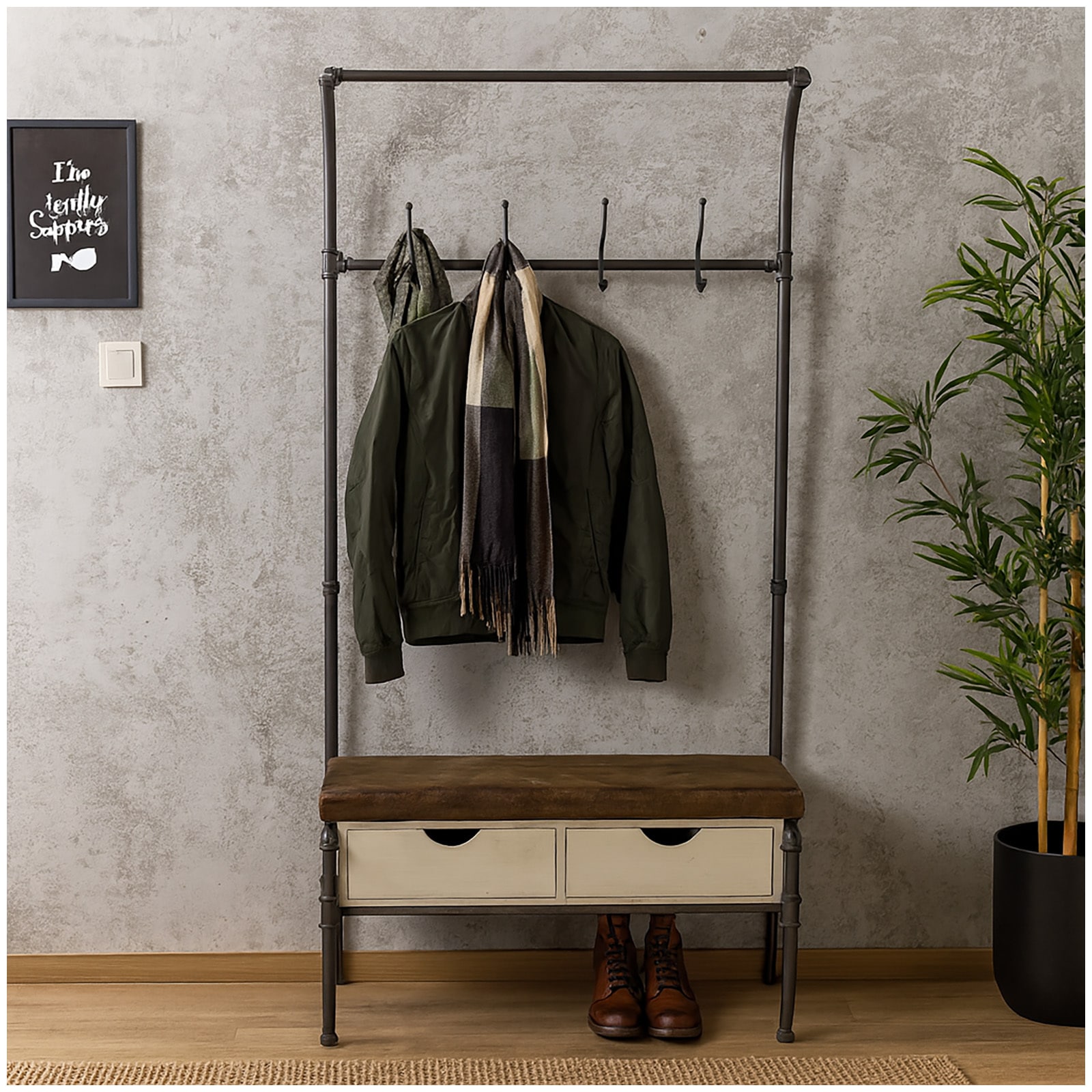 HTI-Line Garderobe im Steampunk-Design Industrial Look mit Sitzbank und Schubladen 