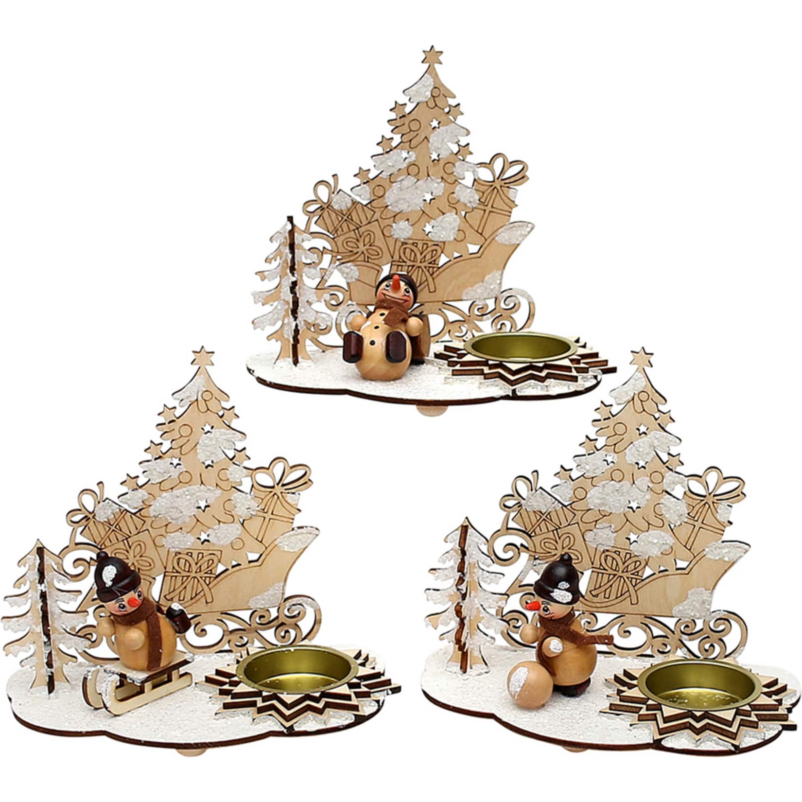 SIGRO Teelichthalter mit Schneemannfigur Schlitten mit Schnee 