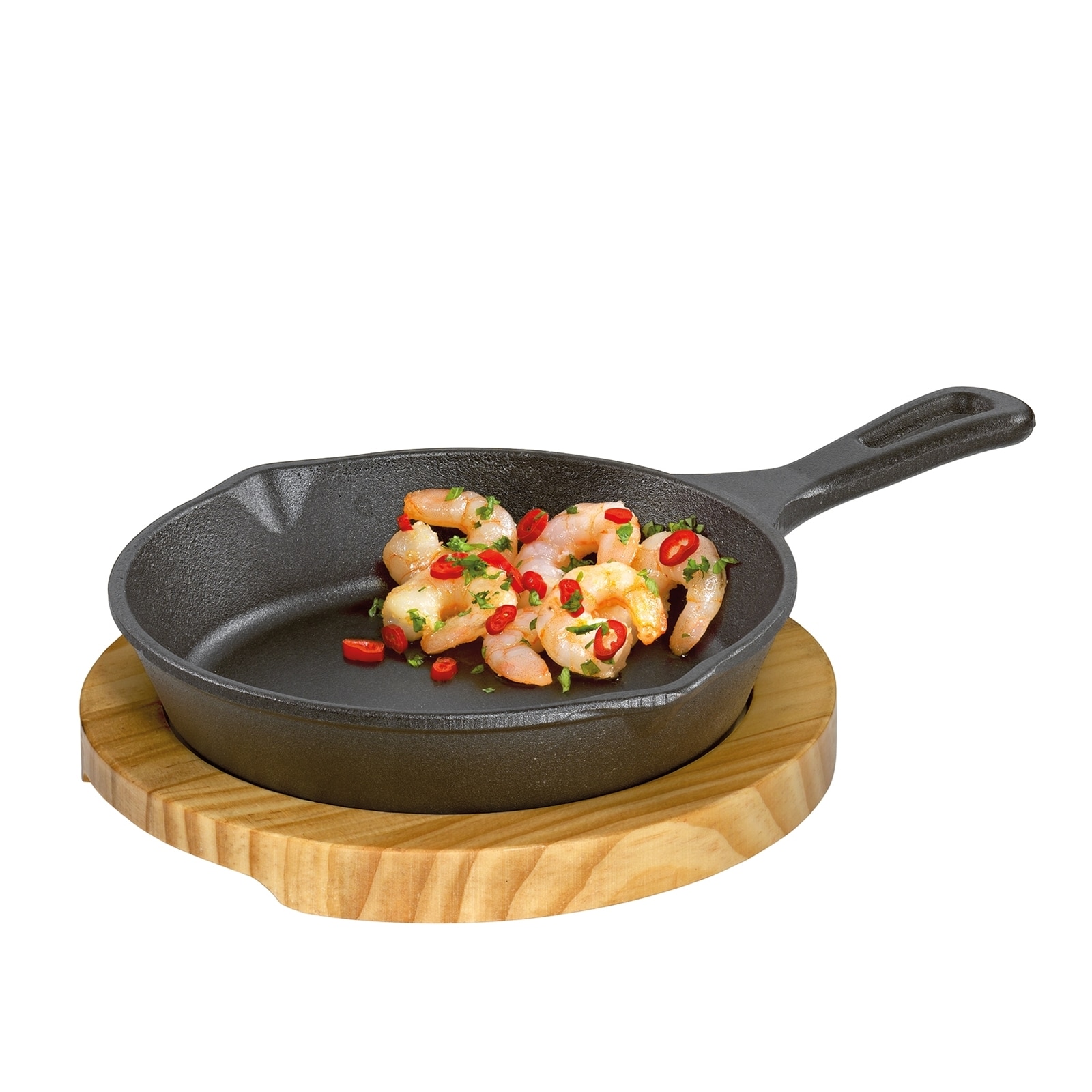 neuetischkultur Pfanne Gusseisen, rund mit Holzbrett 