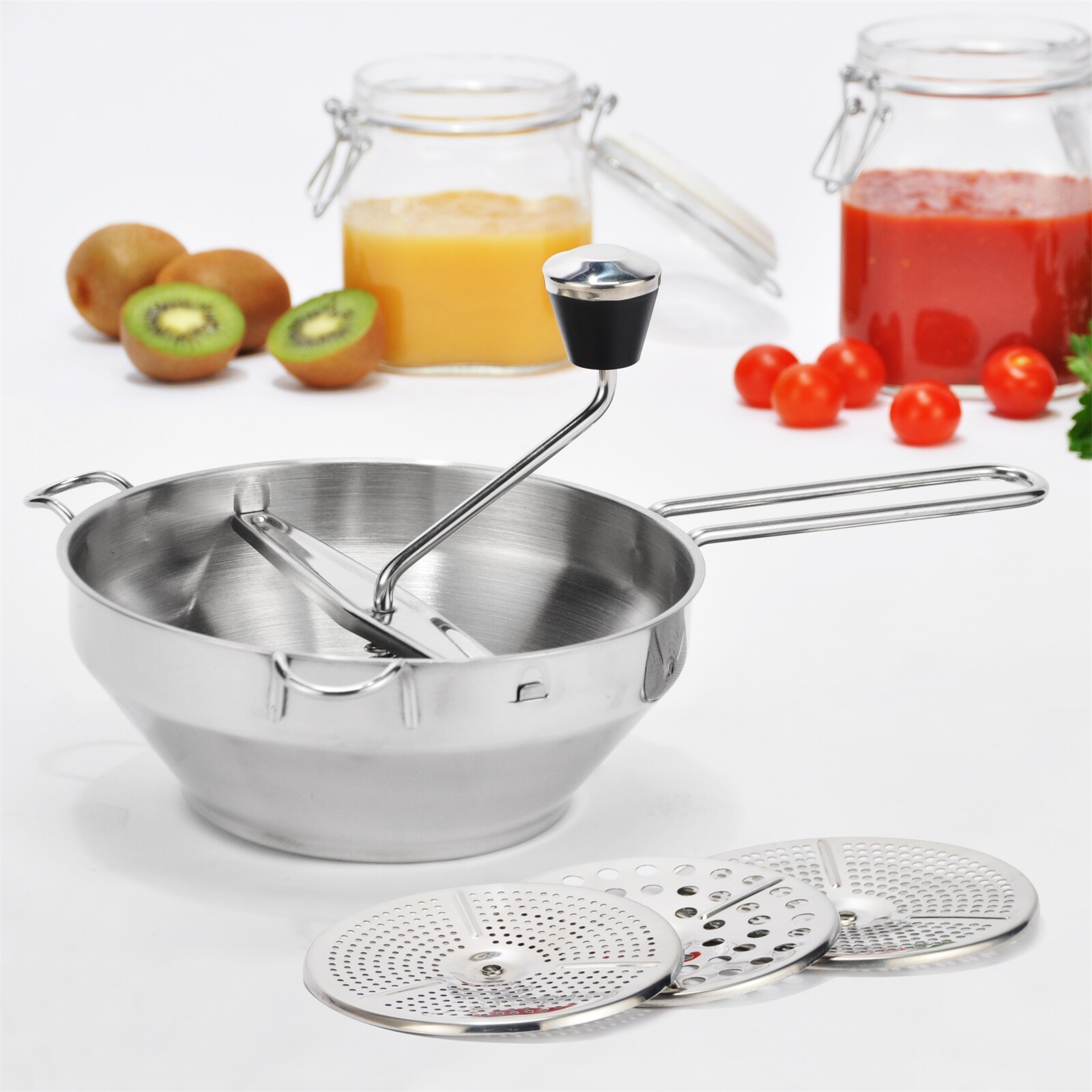 neuetischkultur Passierm&uuml;hle aus Edelstahl mit 3 Eins&auml;tzen 