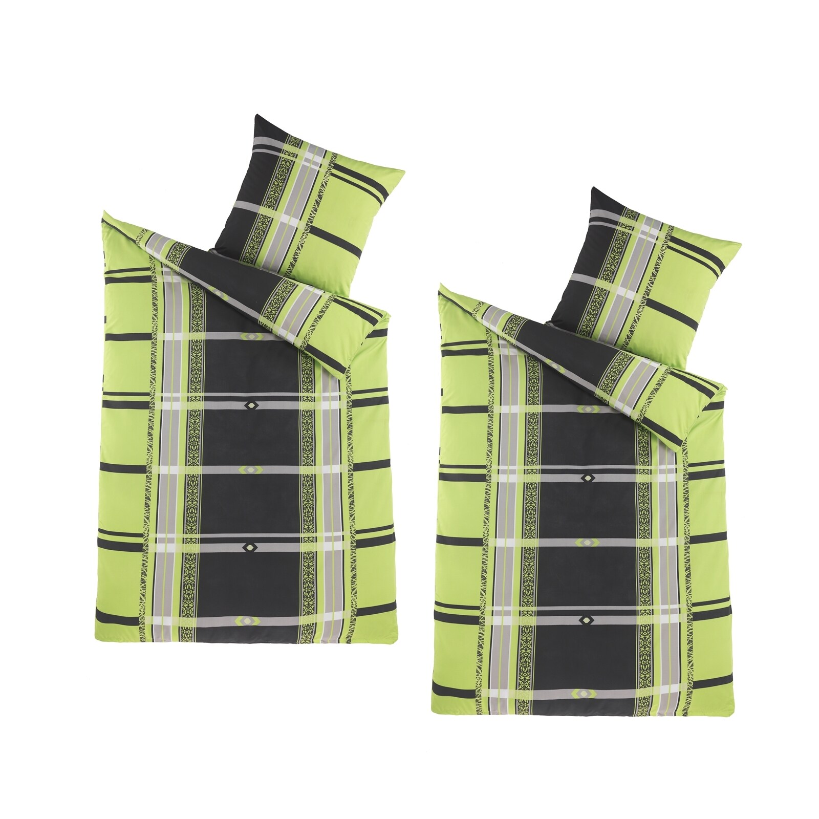 HTI-Living Microfaser Bettw&auml;sche 2 Sets Gr&uuml;n Schwarz Karo 