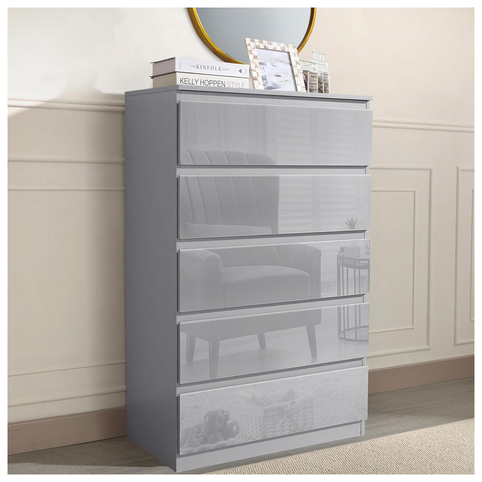 HTI-Living Sideboard Kenji 5 Schubladen Hochglanz Grau 