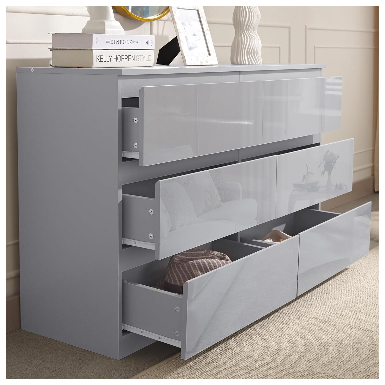 HTI-Living Sideboard Kenji 8 Schubladen Hochglanz Grau 