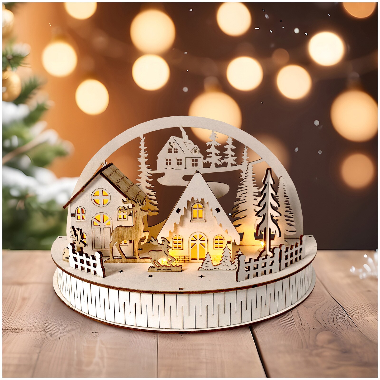 HTI-Living LED Dekobogen Winterdorf und Rehe Weihnachtsdeko mit 5 LEDs 