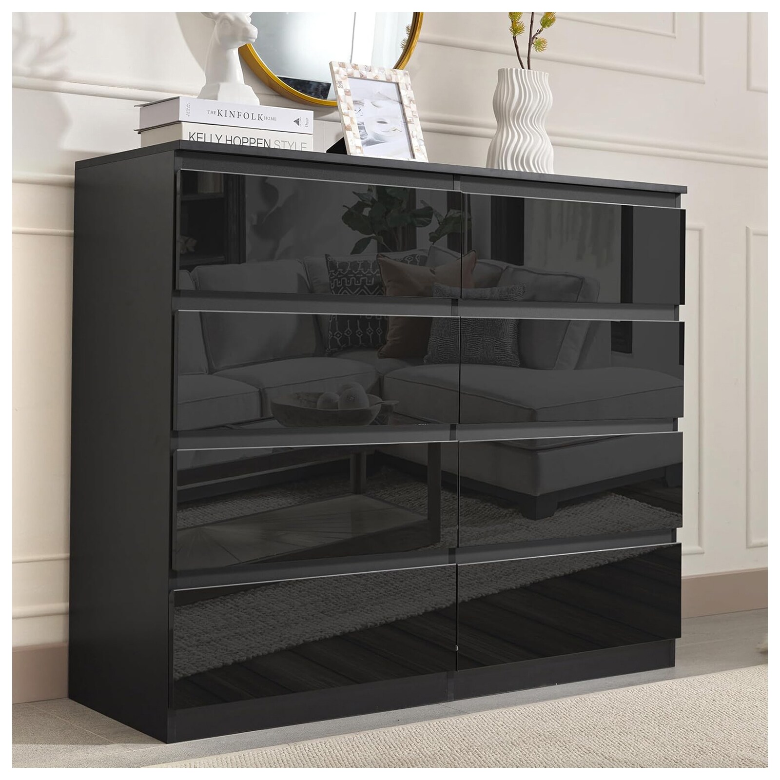 HTI-Living Sideboard Kenji 8 Schubladen Hochglanz Schwarz 