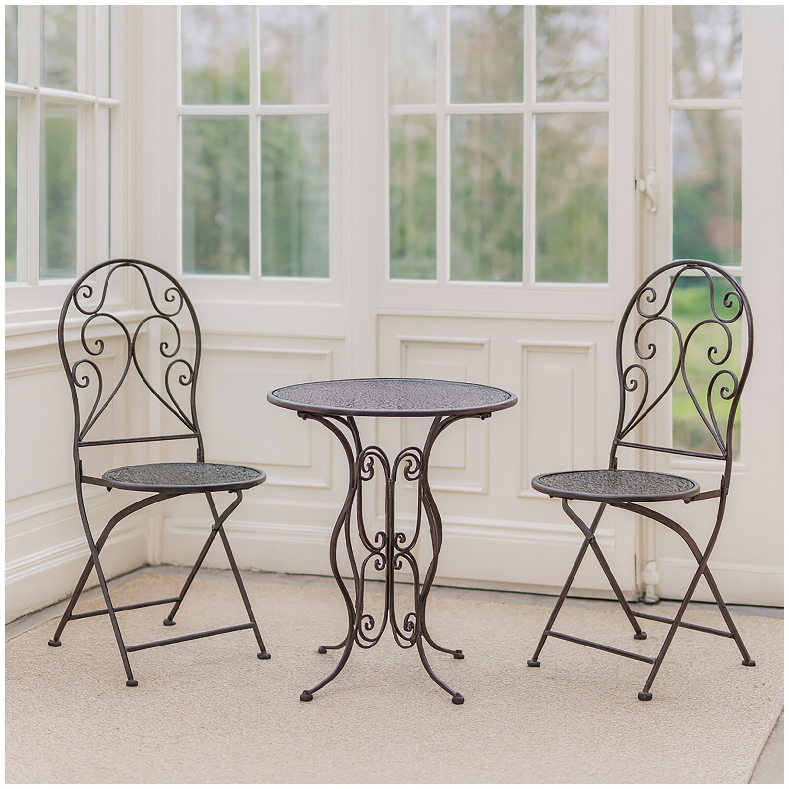 HTI-Living Bistroset aus Metall 3-teilig, detailreich verzier Klapptisch &Oslash; 60 cm und 2 Klappst&uuml;hle 