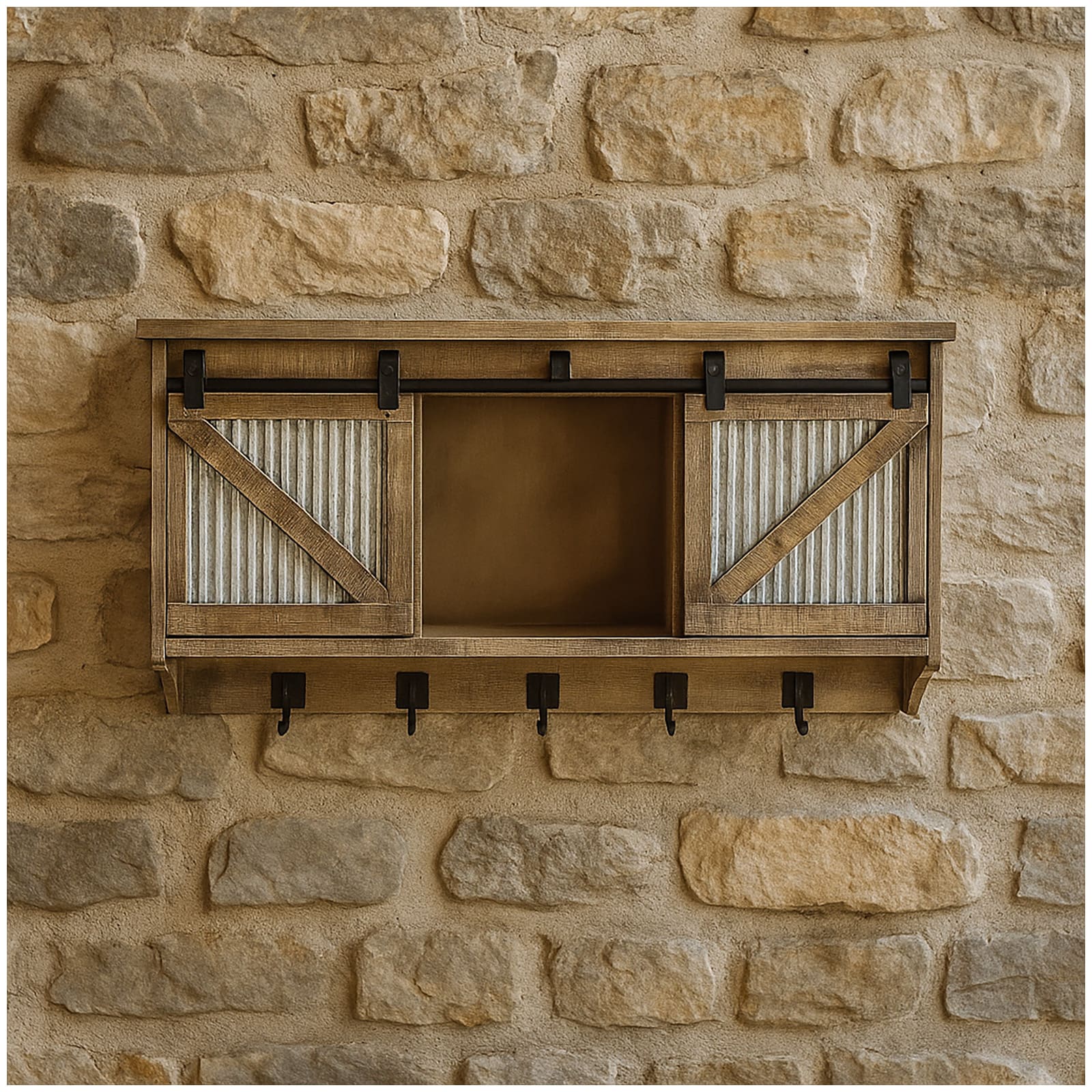 HTI-Living Rustikaler Wandschrank mit Schiebet&uuml;ren und Haken Landhausstil f&uuml;r Flur, K&uuml;che oder Wohnzimmer 